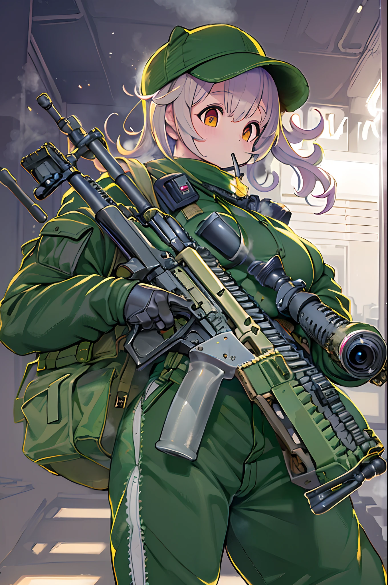 (((((Hold a huge assault rifle)))))、Long sideburns、Anime-style girl with beautiful whole body, clean detailed faces, ciber,analogous colors, Glowing shadows, beautiful gradients, depth of fields, CLEAN IMAGE, High quality,Black Parker Clothing、 high detailing, High Definition, blush, Fit, Heavenly Beauty, Very detailed,Smoking,((assault rifle))、sniper、Sniper rifle lance with a thin and long barrel