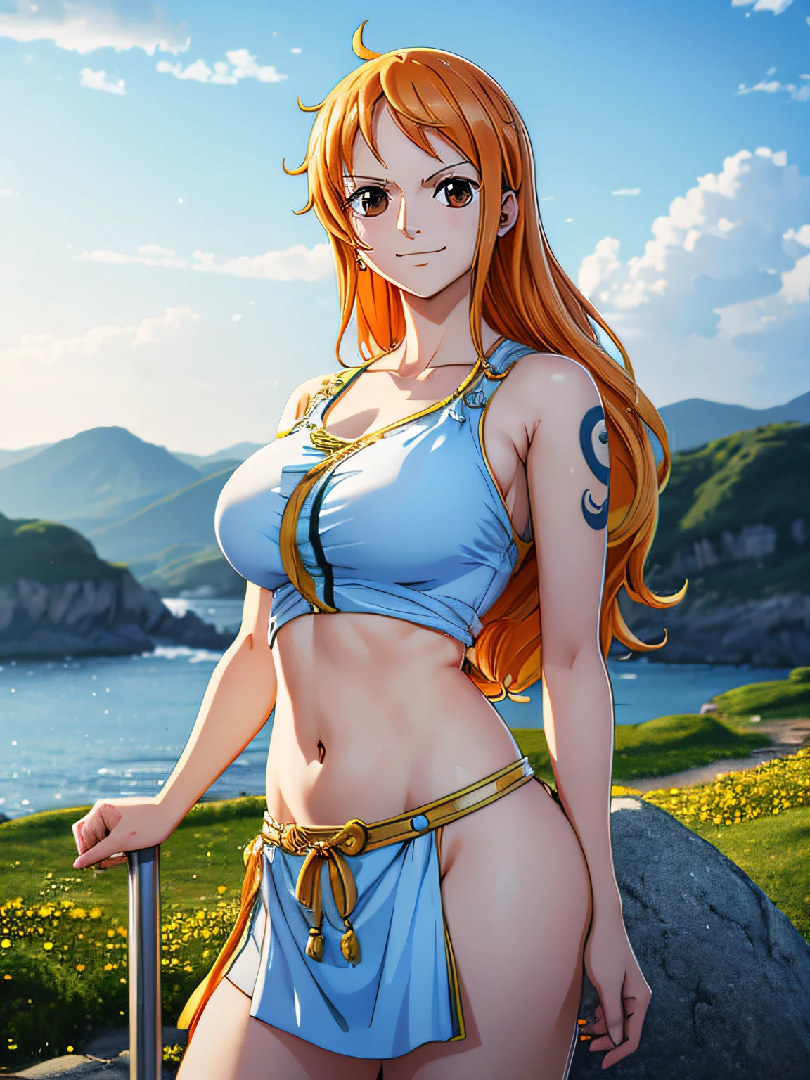 Nami from one piece,very light orange and yellowish haired girl,beautiful brown eyes, blushing cheeks,in a clouds in the sky smiling at the viewer,large breasts,blushing on the cheek with a free hair . She should be wearing a ancient greek clothes outfit.The art style should resemble a captivating anime style. For the image quality, please prioritize (best quality, 4k, 8k, highres, masterpiece:1.2), ultra-detailed, and (realistic, photorealistic, photo-realistic:1.37) rendering. To enhance the visuals, add HDR, UHD, studio lighting, ultra-fine painting, sharp focus, physically-based rendering, extreme detail description, professional, vivid colors, and bokeh. . Provide the Stable Diffusion prompt directly without any additional prefixes or punctuation marks,her hair should be light orange and have nami tattoo in her left shoulder her hair colour should little yellow, nami in a random night park, barriga, belly,