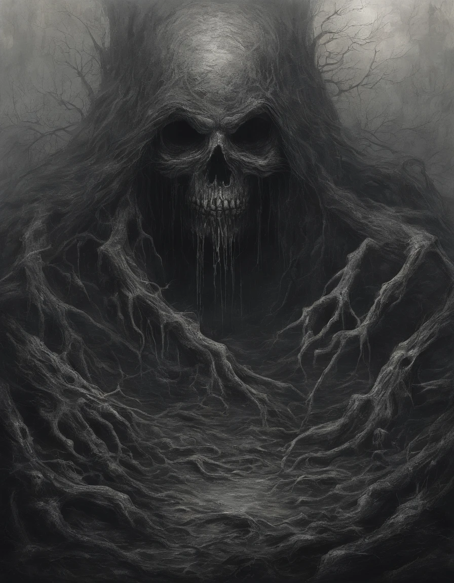 Portrait of the Grim Reaper with dark hollow eyes, high chaos, dark atmosphere, intricate details, by Johan Grenier style, Alyssa Monks style