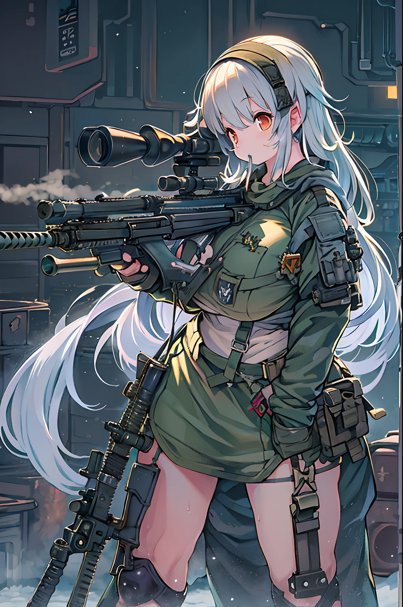 (((((Hold a huge assault rifle)))))、Long sideburns、Anime-style girl with beautiful whole body, clean detailed faces, ciber,analogous colors, Glowing shadows, beautiful gradients, depth of fields, CLEAN IMAGE, High quality,Black Parker Closing、 high detailing, High Definition, blush, Fit, Heavenly Beauty, Very detailed,Smoking,((assault rifle))、sniper、Sniper rifle lance with a thin and long barrel