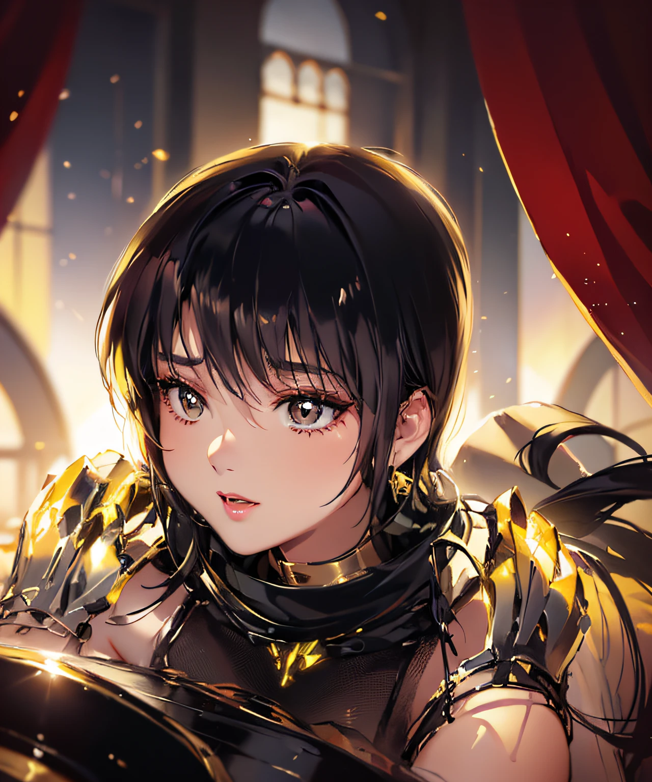 tmasterpiece,Best quality,Super fine illustration,A beautiful woman with black hair and golden armor,