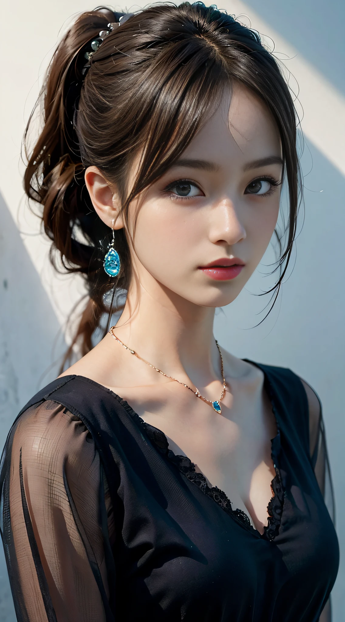 ((masterpiece:1.4)、(top-quality:1.4)、(reallistic:1.7))、masuter piece:1.4、Kawaii Girl、Portrait photos、Close-up photos、Upper body photography、beautiful countenance、defiance、dark backgrounds、Narrow waist、poneyTail、Raw photo、red-lips、a choker:1.4、a necklace:1.4、耳Nipple Ring:1.4、1 screen display、