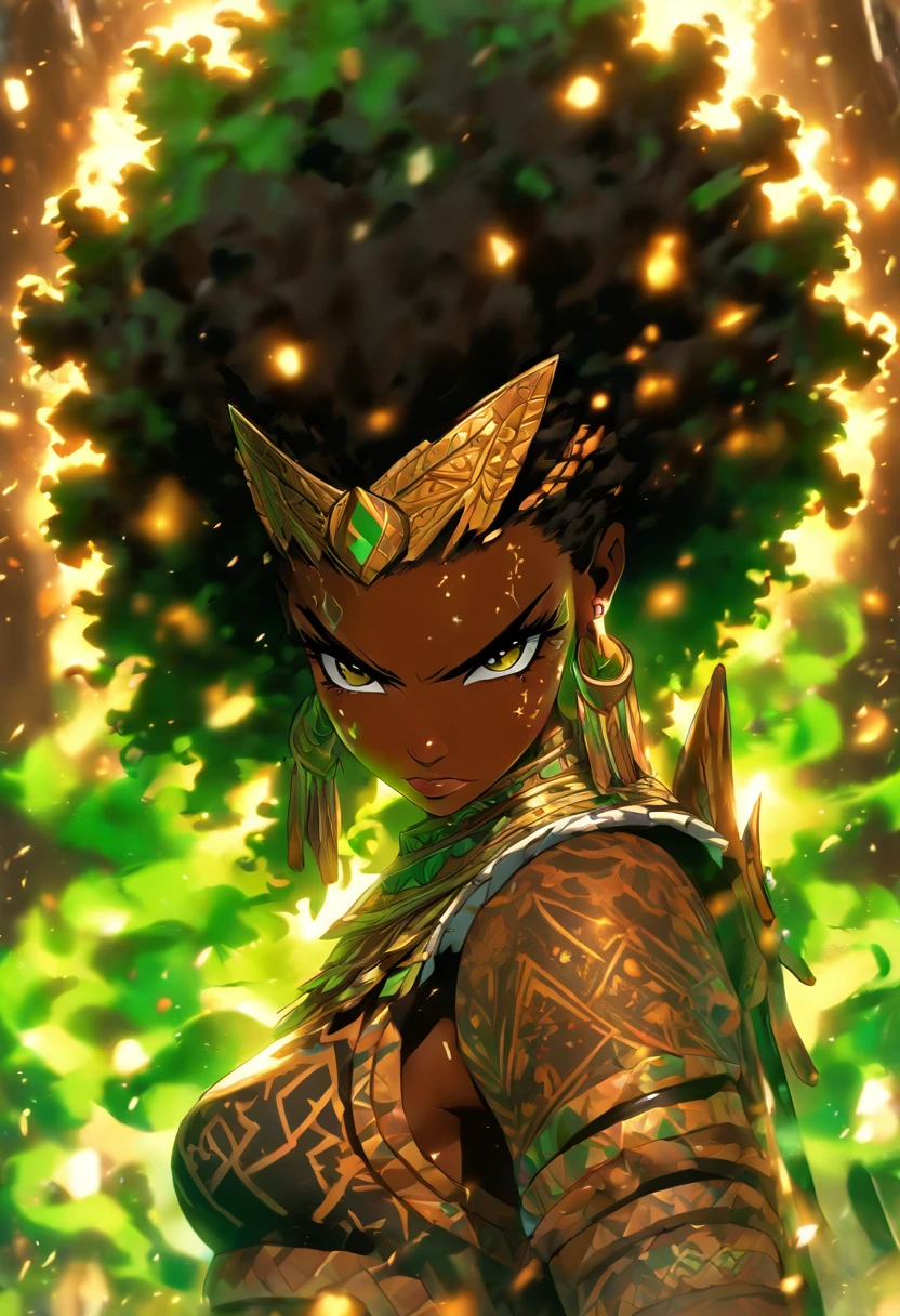 The most beautiful and sexy African warrior princess, black hair, long afro in a blowout hairstyle, green eyes, wearing highly detailed tribal battle armor, wielding a tribal spear, tons of tattoos and piercings, blood splattered, golden flower pedals blowing in the wind, highly detailed background, perfect masterpiece, high quality, high resolution