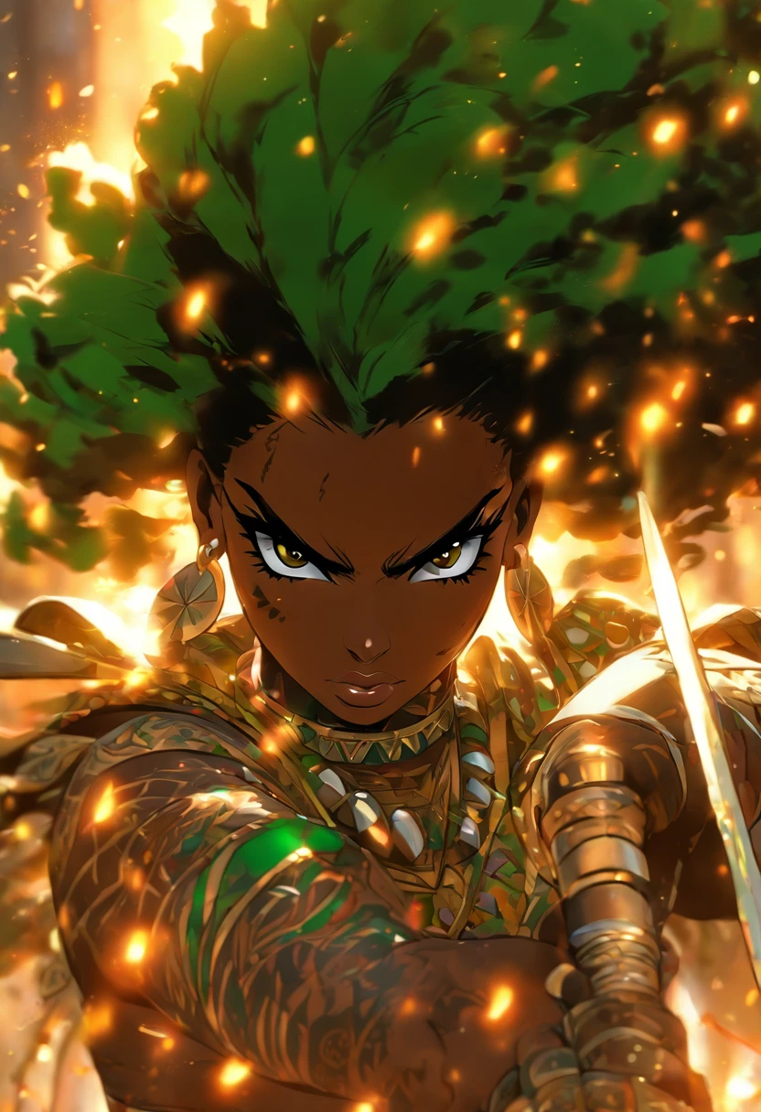 The most beautiful and sexy African warrior princess, black hair, long afro in a blowout hairstyle, green eyes, wearing highly detailed tribal battle armor, wielding a tribal spear, tons of tattoos and piercings, blood splattered, golden flower pedals blowing in the wind, highly detailed background, perfect masterpiece, high quality, high resolution