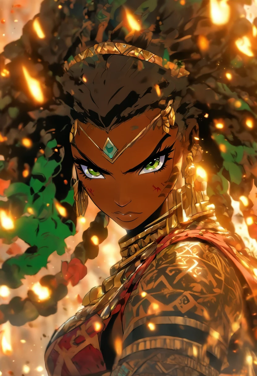 The most beautiful and sexy African warrior princess, black hair, long afro in a blowout hairstyle, green eyes, wearing highly detailed tribal battle armor, wielding a tribal spear, tons of tattoos and piercings, blood splattered, golden flower pedals blowing in the wind, highly detailed background, perfect masterpiece, high quality, high resolution