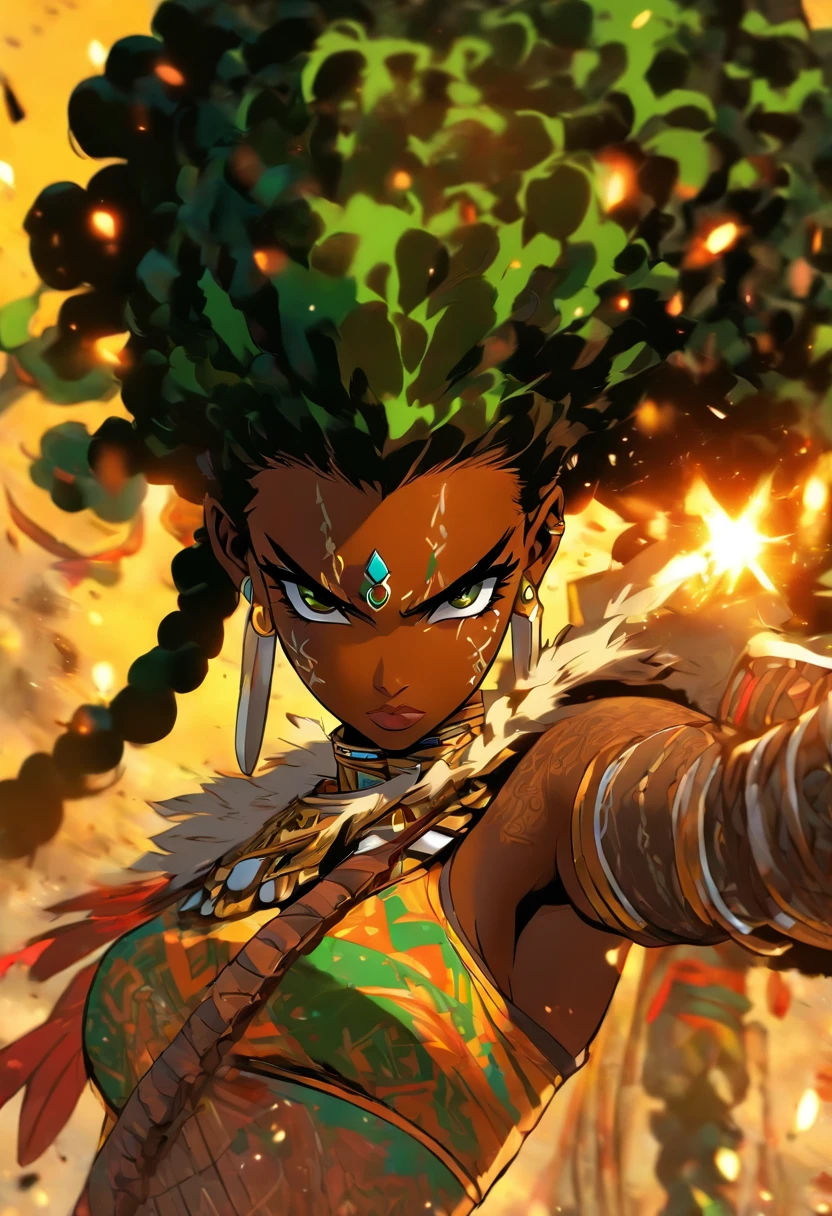 The most beautiful and sexy African warrior princess, black hair, long afro in a blowout hairstyle, green eyes, wearing highly detailed tribal battle armor, wielding a tribal spear, tons of tattoos and piercings, blood splattered, golden flower pedals blowing in the wind, highly detailed background, perfect masterpiece, high quality, high resolution