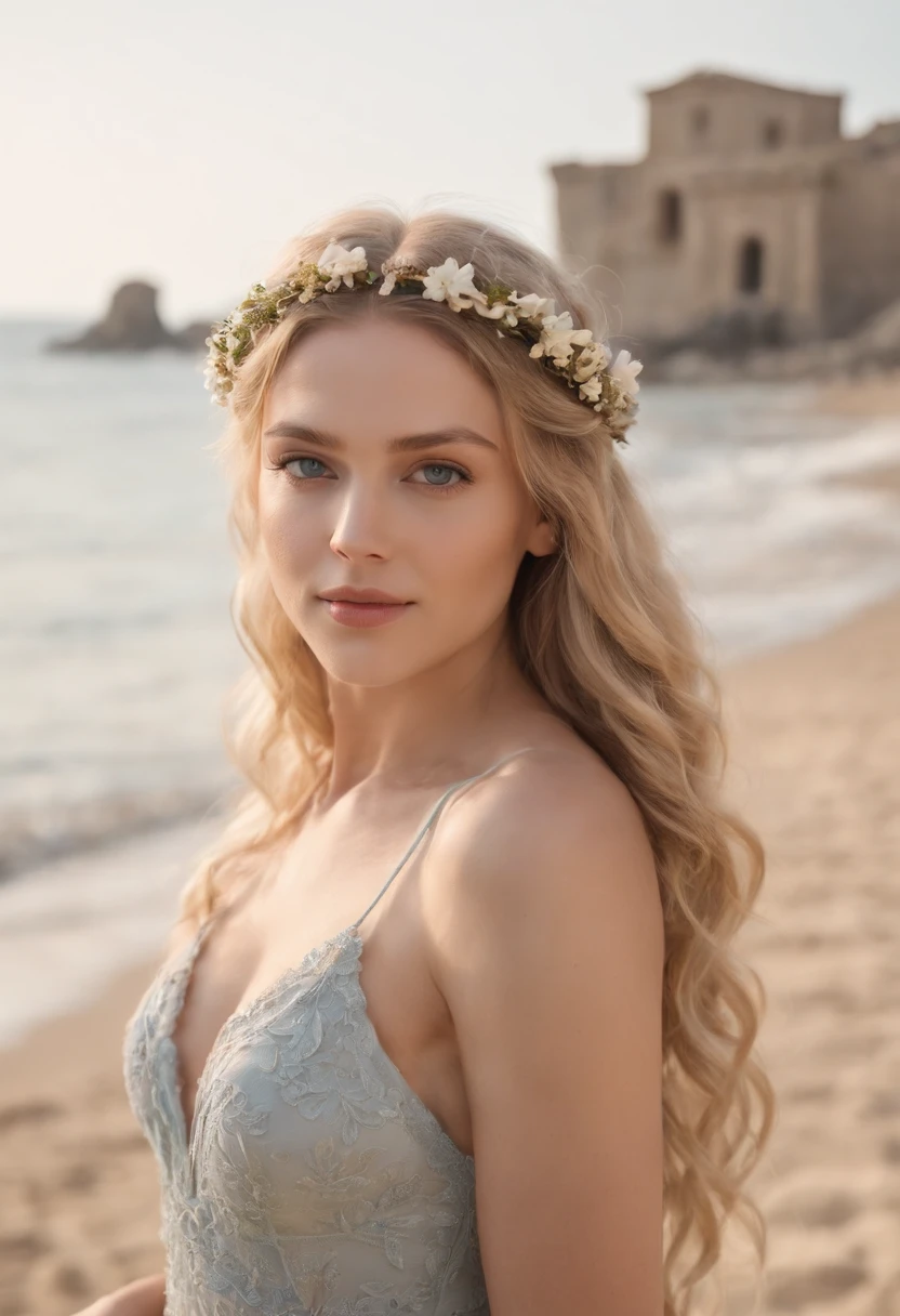 (best quality, highres, masterpiece:1.2), Elsa Karlsson , swedish 25 years old model, with a beautiful black bikini, long blonde hair (dreadlocks) with 22 ahoge hair ornament. She has stunning detailed blue eyes, subtle blush on her cheeks, and delicate lips. on the bikini she wears a trasparent wavy dress. The scene is set in a peaceful sandy mediterranean beach, with ancient greek ruins as in Paestum. The girl is standing amidst a carpet of fallen petals, her gentle smile reflecting the serenity of the moment. The lighting is soft and diffused, creating a warm and inviting atmosphere. The overall style of the artwork is realistic and highly detailed, capturing every delicate stroke and texture. The colors are vivid and harmonious, adding depth and vibrancy to the scene. This masterpiece exudes elegance, grace, and beauty, making it a true masterpiece in every aspect. canon EOS 2000D.
