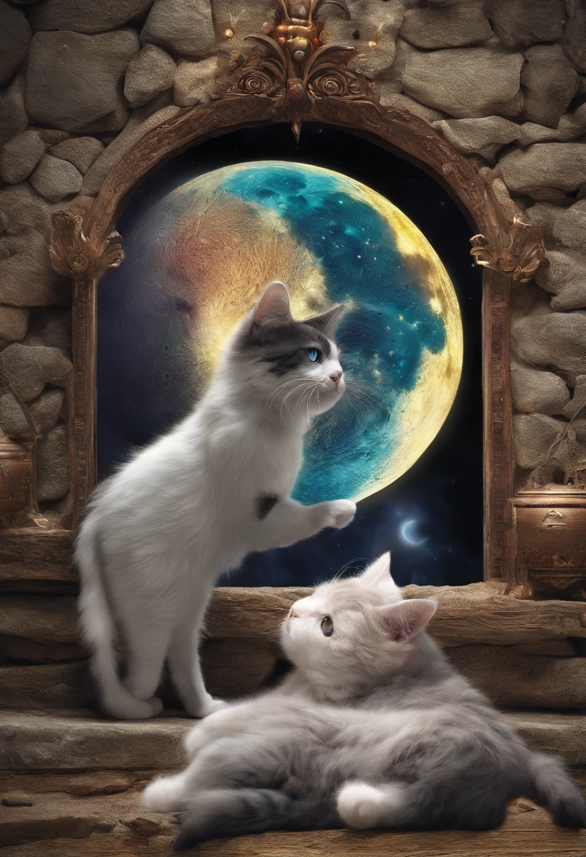A fantastical scene where cats play with the moon, in a 3D world filled with vibrant colors and textures, their fur glistening