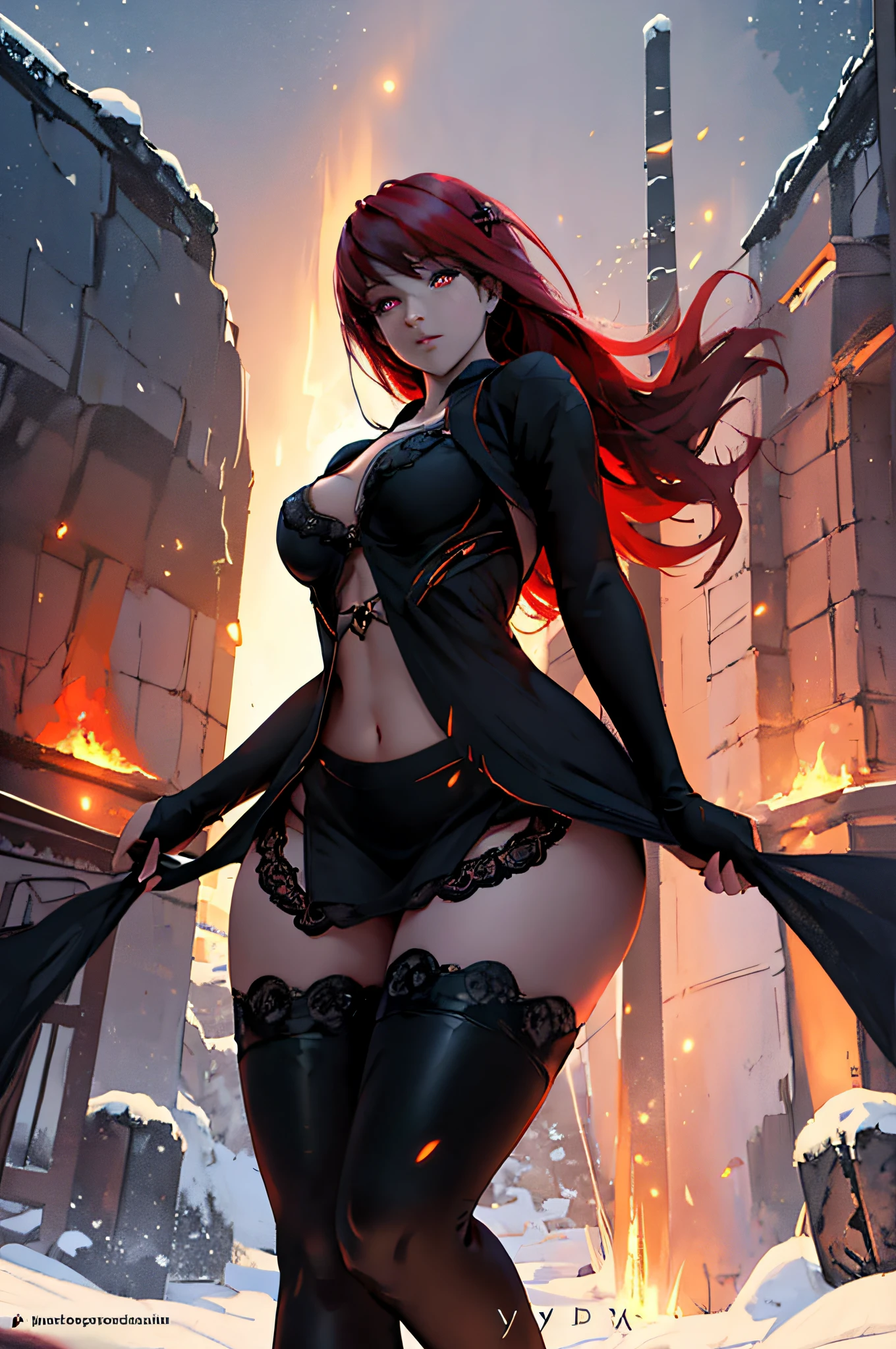 Best quality, masterpiece, ultra high res, (photorealistic:1.4), raw photo, 1girl, ((black lace nightgown)), ((small breast)), cold light, wearing black and red leggins, big ass, big legs, thick thighs, small waist, big hips, female, red hair, long hair, loose hair, yellow eyes, wearing black coat, use a katana, magical warrior, confident, (masterpiece:1.2, best quality), beautiful, a 23yo woman, fiery hair, fire goddess, (glowing red eyes), extremely detailed face, beautiful detailed eyes, defined jawline, (perfect anatomy), wearing red armor, midriff, textured skin, hot lighting, flames, embers, measures 70-40-95, beautiful figure, confidant, wearing black leggins, big legs, highly voluptuous thighs, wears a black coat, fire powers, fire hero, big ass, solo girl, thick legs,