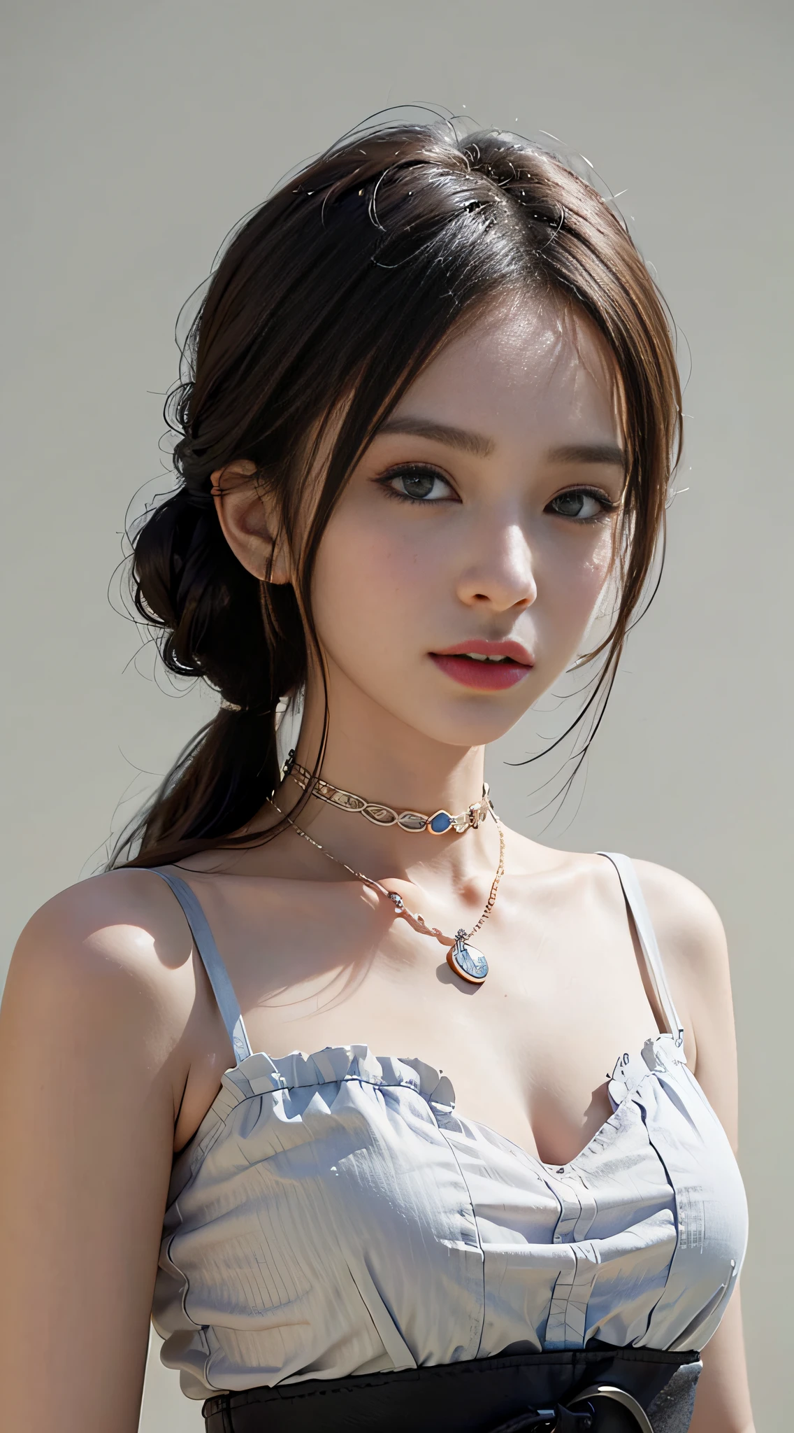 ((masterpiece:1.4)、(top-quality:1.4)、(reallistic:1.7))、masuter piece:1.4、Kawaii Girl、Portrait photos、Close-up photos、Upper body photography、beautiful countenance、defiance、dark backgrounds、Narrow waist、poneyTail、Raw photo、red-lips、a choker:1.4、a necklace:1.4、耳Nipple Ring:1.4、1 screen display、