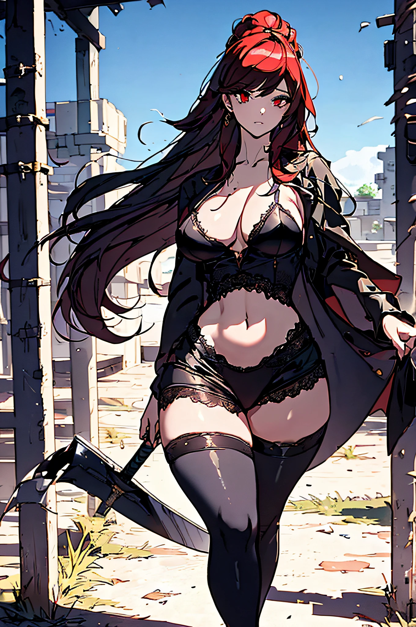Best quality, masterpiece, ultra high res, (photorealistic:1.4), raw photo, 1girl, ((black lace nightgown)), ((small breast)), cold light, wearing black and red leggins, big ass, big legs, thick thighs, small waist, big hips, female, red hair, long hair, loose hair, yellow eyes, wearing black coat, use a katana, magical warrior, confident, (masterpiece:1.2, best quality), beautiful, a 23yo woman, fiery hair, fire goddess, (glowing red eyes), extremely detailed face, beautiful detailed eyes, defined jawline, (perfect anatomy), wearing red armor, midriff, textured skin, hot lighting, flames, embers, measures 70-40-95, beautiful figure, confidant, wearing black leggins, big legs, highly voluptuous thighs, wears a black coat, fire powers, fire hero, big ass, solo girl, thick legs,