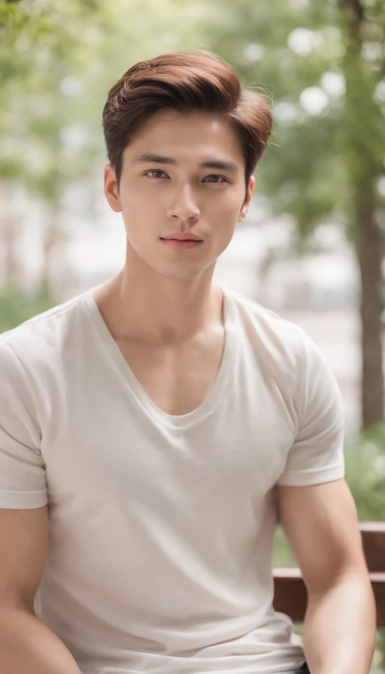 Generate a majestic image of a young male like a gods, surrounded by an aura of power and grace, shirt, slim body ,emanating wisdom and strength around you, brown hair, brown eyes, white skin, slightly chubby cheeks, central asian phonetics, middle part hair arafed man sitting on a bench in a park with trees, young man with beautiful face, handsome chad chin, handsome young man face, handsome face and beautiful face, handsome attractive face, soft portrait shot 8 k, portrait of beautiful young man, handsome face, handsome male, beautiful young man, good looking face, close - up portrait shot, perfect handsome face, very white skin, very brown hair