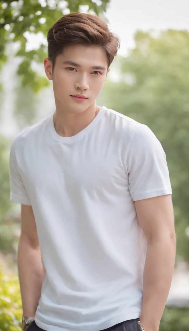 Generate a majestic image of a young male like a gods, surrounded by an aura of power and grace, shirt, slim body ,emanating wisdom and strength around you, brown hair, brown eyes, white skin, slightly chubby cheeks, central asian phonetics, middle part hair arafed man sitting on a bench in a park with trees, young man with beautiful face, handsome chad chin, handsome young man face, handsome face and beautiful face, handsome attractive face, soft portrait shot 8 k, portrait of beautiful young man, handsome face, handsome male, beautiful young man, good looking face, close - up portrait shot, perfect handsome face, very white skin, very brown hair