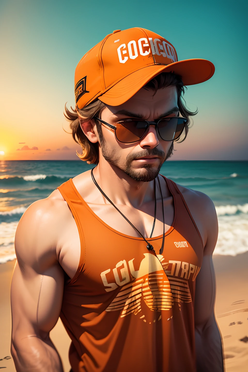 Vector tank top design Vintage retro beach sunset distressed orange style design, a laid-back sloth in shades, with text ('SUNSET SLOTH'), typography, beachy vibes, 3D render 4K, 4K, surf-inspired