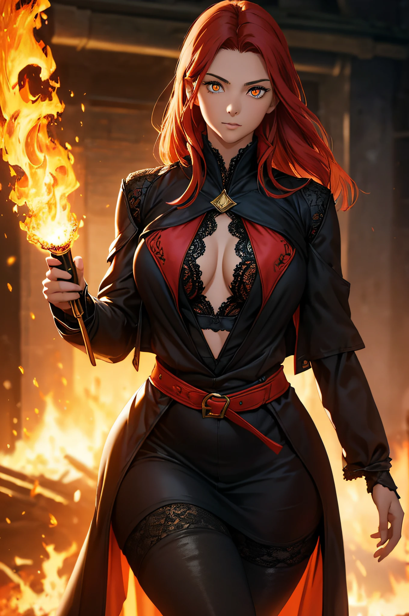 Best quality, masterpiece, ultra high res, (photorealistic:1.4), raw photo, 1girl, ((black lace nightgown)), ((small breast)), cold light, wearing black and red leggins, big ass, big legs, thick thighs, small waist, big hips, female, red hair, long hair, loose hair, yellow eyes, wearing black coat, use a katana, magical warrior, confident, (masterpiece:1.2, best quality), beautiful, a 23yo woman, fiery hair, fire goddess, (glowing red eyes), extremely detailed face, beautiful detailed eyes, defined jawline, (perfect anatomy), wearing red armor, midriff, textured skin, hot lighting, flames, embers, measures 70-40-95, beautiful figure, confidant, wearing black leggins, big legs, highly voluptuous thighs, wears a black coat, fire powers, fire hero, big ass, solo girl, thick legs,