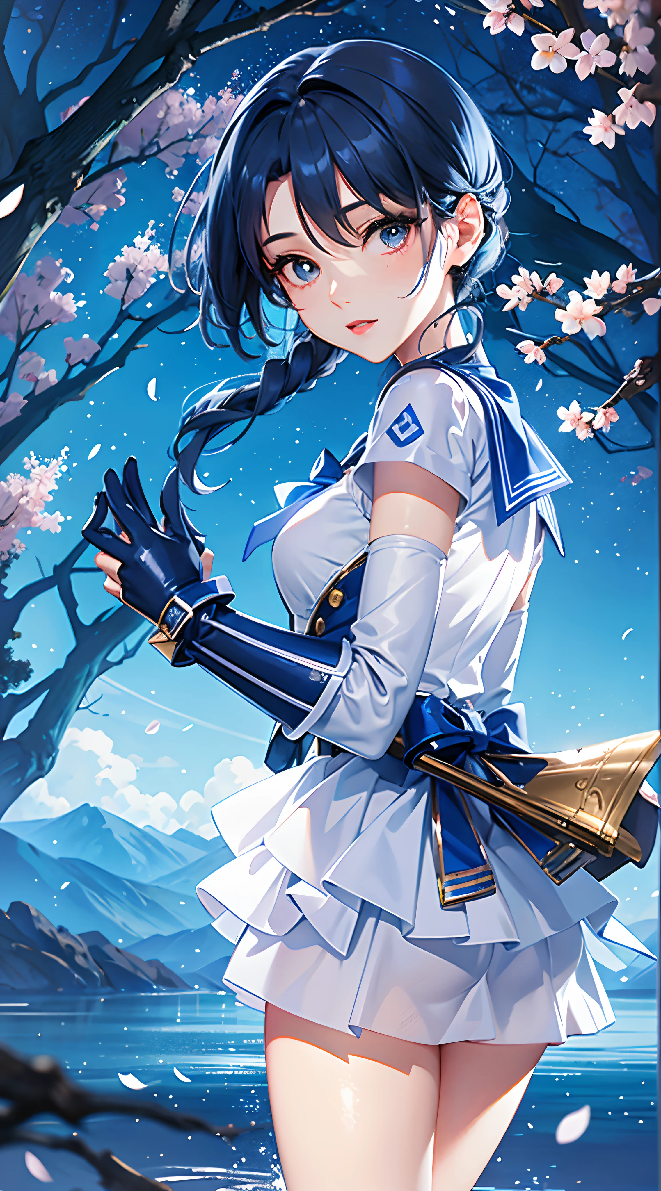 Best quality,Masterpiece,21 years old,1lady,mature face,bishojo,At night,Rich background,(sakura trees),Sailor Mercury,tall girl:1.1,Sailor warrior suit, Blue hair, hair has covered one eye,Blue pupils,Long latex gloves,Long legs:1.2,(a very tall girl),smooth legs,smooth thighs,Slender:1.2,beautiful legs:1.3,Thin legs,Thin thighs:1.2,standing:1.1((,From behind:1.1)),dynamic posture,Full body shot:1.2,White solid blue skirt, Blue collar,The bust apron is decorated with a light blue bow, Solid blue round gemstone on bow on chest,White three-ring gloves,Blue-and-white-edged half-heeled boots,