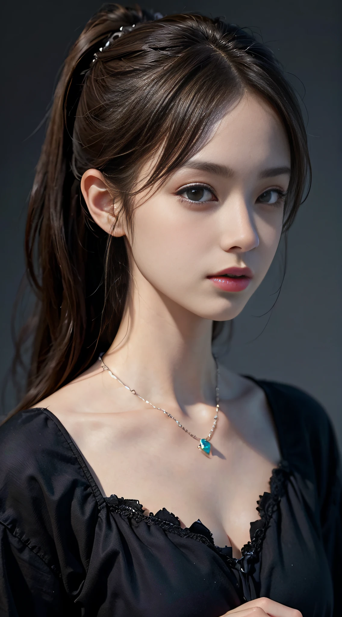 (close up:1.2), (masterpiece, best quality, 8k, official art, raw photo, looking at viewer:1.3), absurdres, violaceaess, gardeniass, black strapless dress and choker, beautiful girl, pretty face, earrings, black hair, film grain, chromatic aberration, sharp focus, facelight, dynamic lighting, cinematic lighting, ultra realistic, highres, extremely detailed eyes and face, sharp pupils, realistic pupils, (simple background, dull lght green background:1.2)