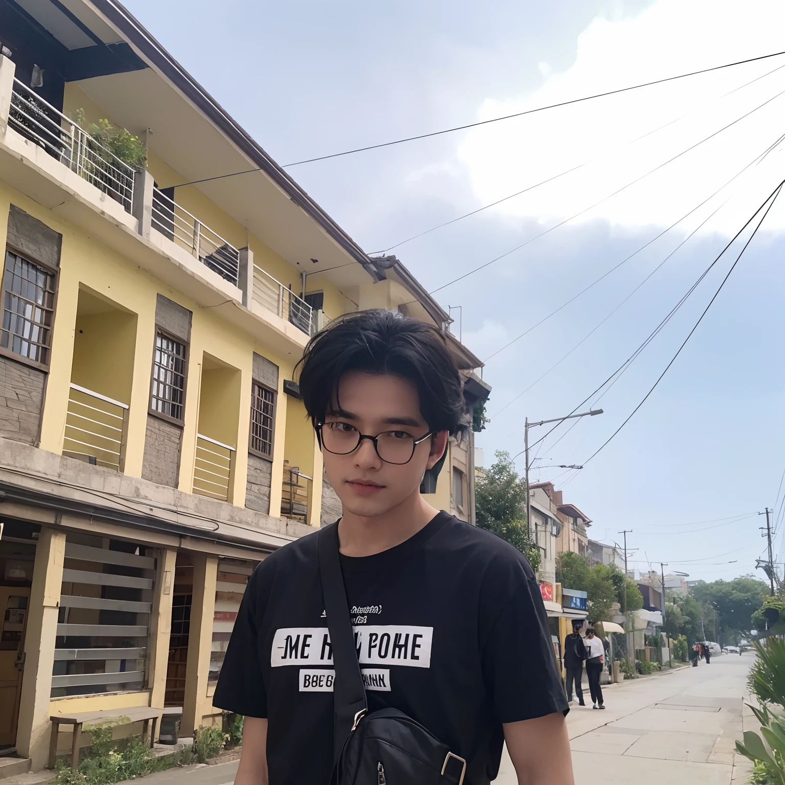 a young men with eye glass wearing black tshirt and sling bag and black hair
