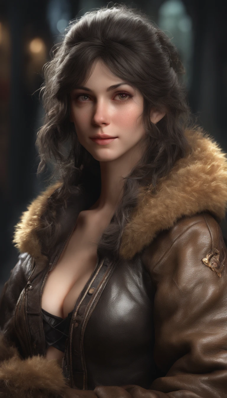 (Professional 3D Rendering:1.3) ng (realisitic:1.3) Photos of the most beautiful works in the world，Beautiful women  , ((Sexy Portrait Woman, Nice chest set, cleavage, big size ass)), beautifull face, Blue Eyes, enchanting expression, Full-body 8K Unity Render, action shot, Skin pores, very dark lighting, Dense shading, detailed, Detailed face, (lively, photograph realistic, realisitic, Dramatic, Dark, Sharp focus, 8K), (Old leather garments damaged by weathering:1.4), ((((Wearing fur)))), (intrikate:1.4), Decadent, (highly detaild:1.4), digital painting, rendering by octane, Art Station, concept-art, silky, Sharp focus, Illustration, Art germs, (Loisch:0.23), Wlop Ilya Kuvshinov, Greg Rutkowski(Greg Rutkowski)and Alphonse Mucha Gracias(Thank you so much Alphonse), (Global Illumination, Studio Light, Bolshetic Light), Heavy rain, floating particles, villainess, Fantasy, elf, full bodyesbian, ((Dark and ancient city background:1.3)),CG Society,Art Station