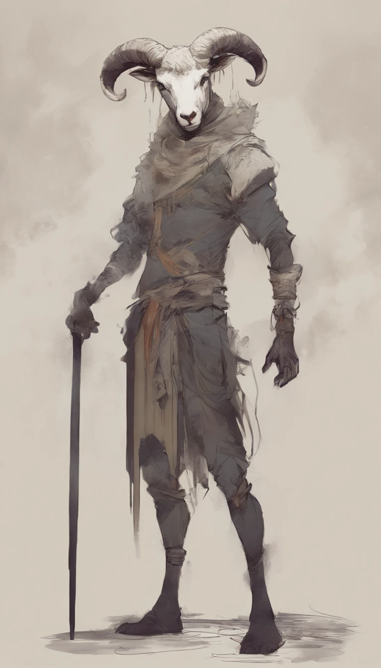 Humanoid Carneiro, male people, fullbody image, low, Have a childlike side, Sheep's foot, Medium horn, Although it looks sweet、It has a murderous appearance, Artistic drawing,