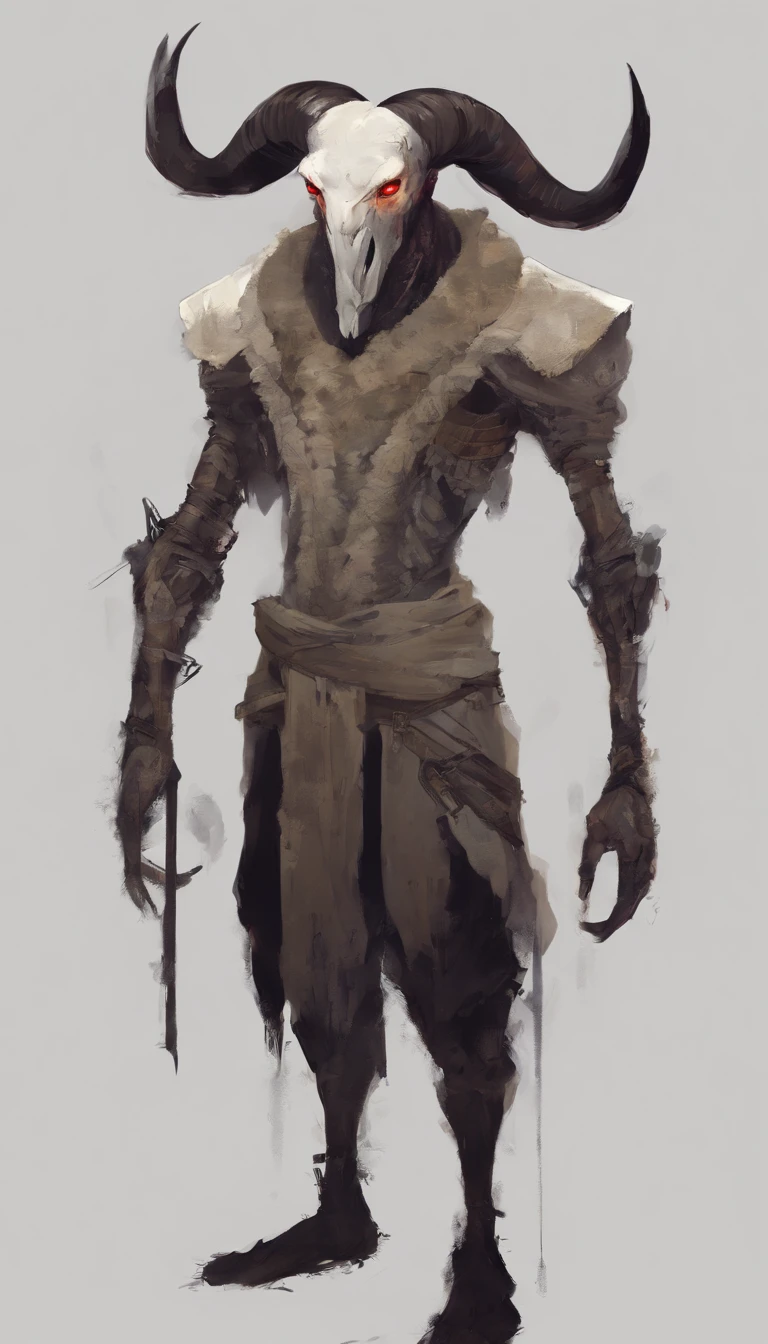 Humanoid Carneiro, male people, fullbody image, low, Have a childlike side, Sheep's foot, Medium horn, Although it looks sweet、It has a murderous appearance, Artistic drawing,