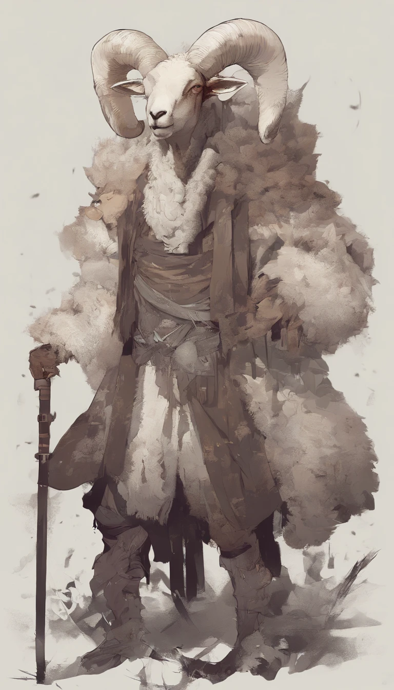 Humanoid Carneiro, male people, fullbody image, low, Have a childlike side, Sheep's foot, Medium horn, Although it looks sweet、It has a murderous appearance, Artistic drawing,