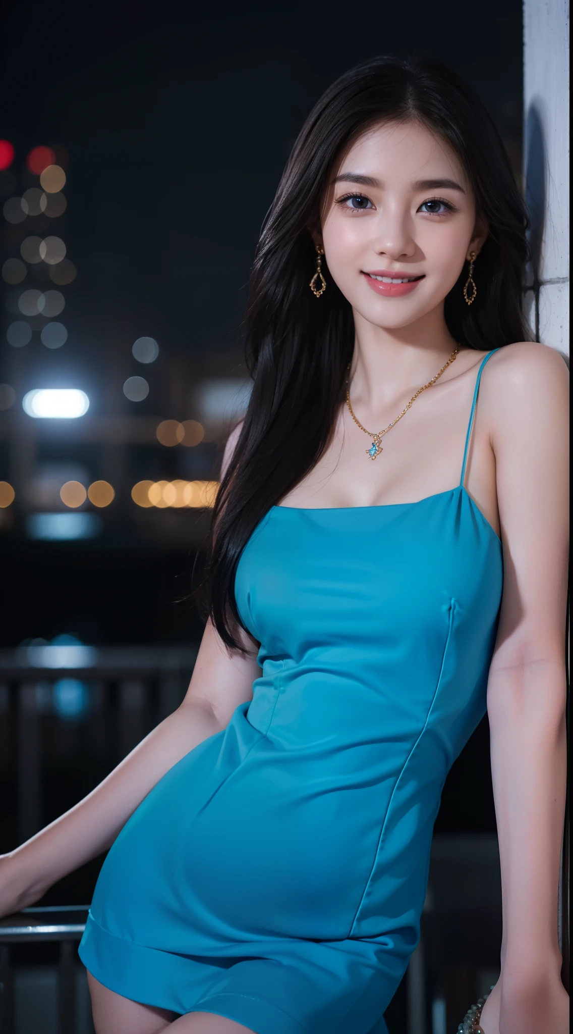 8k, masterpiece, RAW photo, best quality, photorealistic, extremely detailed CG unity 8k wallpaper, Depth of field, Cinematic Light, Lens Flare, Ray tracing, (extremely beautiful face, beautiful lips, beautiful eyes), intricate detail face, ((ultra detailed skin)) 1girl, in the dark, deep shadow, pretty asian girl, ((looking at viewer)),(big smile), (blurry background), midnight, (pretty girl), earrings, bracelets, necklace, clear eyes, (pale skin), face forward, (big eyes), (looking at viewer), large breasts ,((smile)), rooftop, dim lights, ((night)), cityscape, blue eyes, golden dress, mini dress, open breast, veranda, very slim