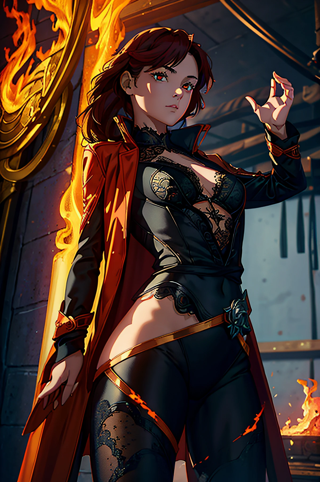 Best quality, masterpiece, ultra high res, (photorealistic:1.4), raw photo, 1girl, ((black lace nightgown)), ((small breast)), cold light, wearing black and red leggins, big ass, big legs, thick thighs, small waist, big hips, female, red hair, long hair, loose hair, yellow eyes, wearing black coat, use a katana, magical warrior, confident, (masterpiece:1.2, best quality), beautiful, a 23yo woman, fiery hair, fire goddess, (glowing red eyes), extremely detailed face, beautiful detailed eyes, defined jawline, (perfect anatomy), wearing red armor, midriff, textured skin, hot lighting, flames, embers, measures 70-40-95, beautiful figure, confidant, wearing black leggins, big legs, highly voluptuous thighs, wears a black coat, fire powers, fire hero, big ass, solo girl, thick legs,