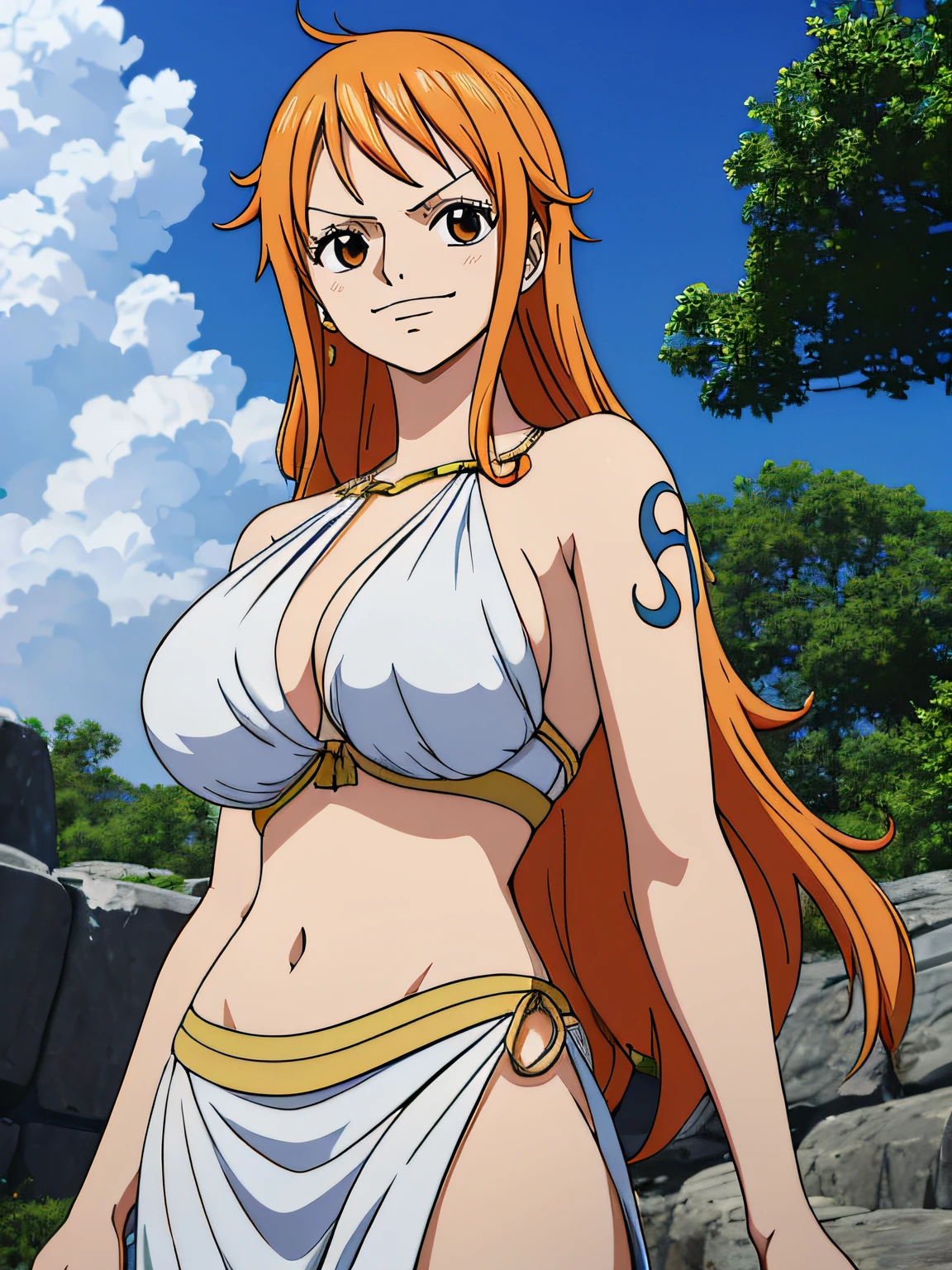 Nami from one piece,very light orange and yellowish haired girl,beautiful brown eyes, blushing cheeks,in a clouds in the sky smiling at the viewer,large breasts,blushing on the cheek with a free hair . She should be wearing a ancient greek clothes outfit.The art style should resemble a captivating anime style. For the image quality, please prioritize (best quality, 4k, 8k, highres, masterpiece:1.2), ultra-detailed, and (realistic, photorealistic, photo-realistic:1.37) rendering. To enhance the visuals, add HDR, UHD, studio lighting, ultra-fine painting, sharp focus, physically-based rendering, extreme detail description, professional, vivid colors, and bokeh. . Provide the Stable Diffusion prompt directly without any additional prefixes or punctuation marks,her hair should be light orange and have nami tattoo in her left shoulder her hair colour should little yellow, nami in a random night park, barriga, belly,