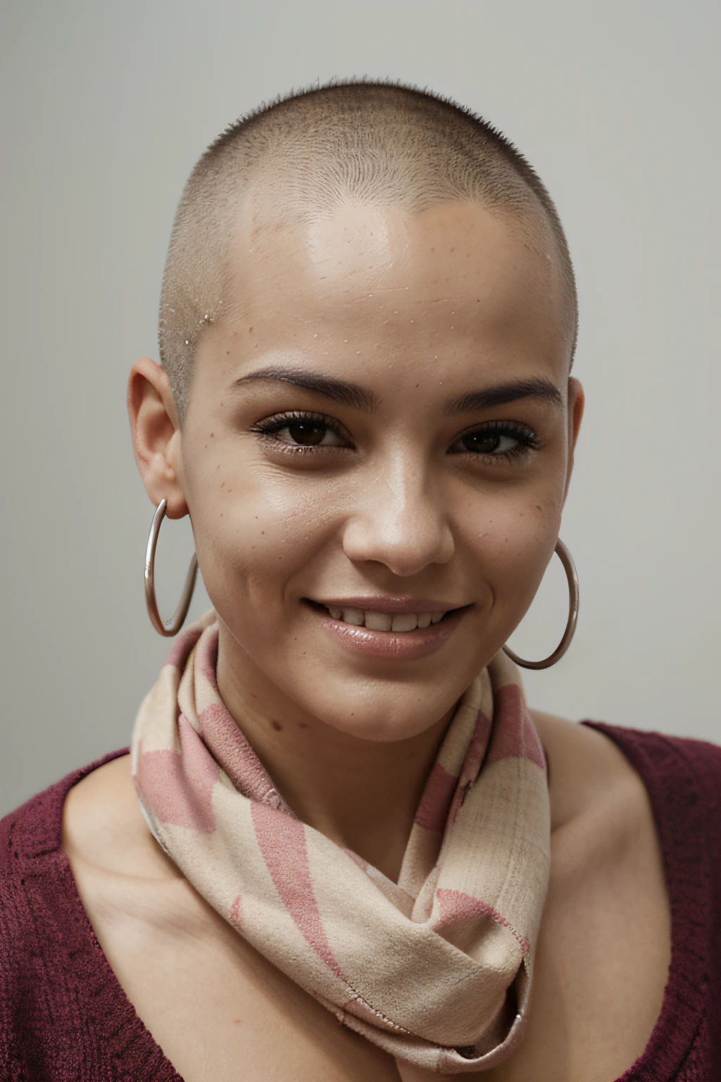 Arafed woman with shaved head and pink scarf smiling, Cabeza afeitada, cabeza calva afeitada, sin cabello completamente calvo, Calva, parcialmente calvo, Retrato de Calvo, pronto, cabello afeitado, sin pelo, pelado, un calvo, Afeitado, cabello zumbado, cara afeitada, calva, corte de zumbido, Buzz Cut Cabello, bald lines, Cara afeitada