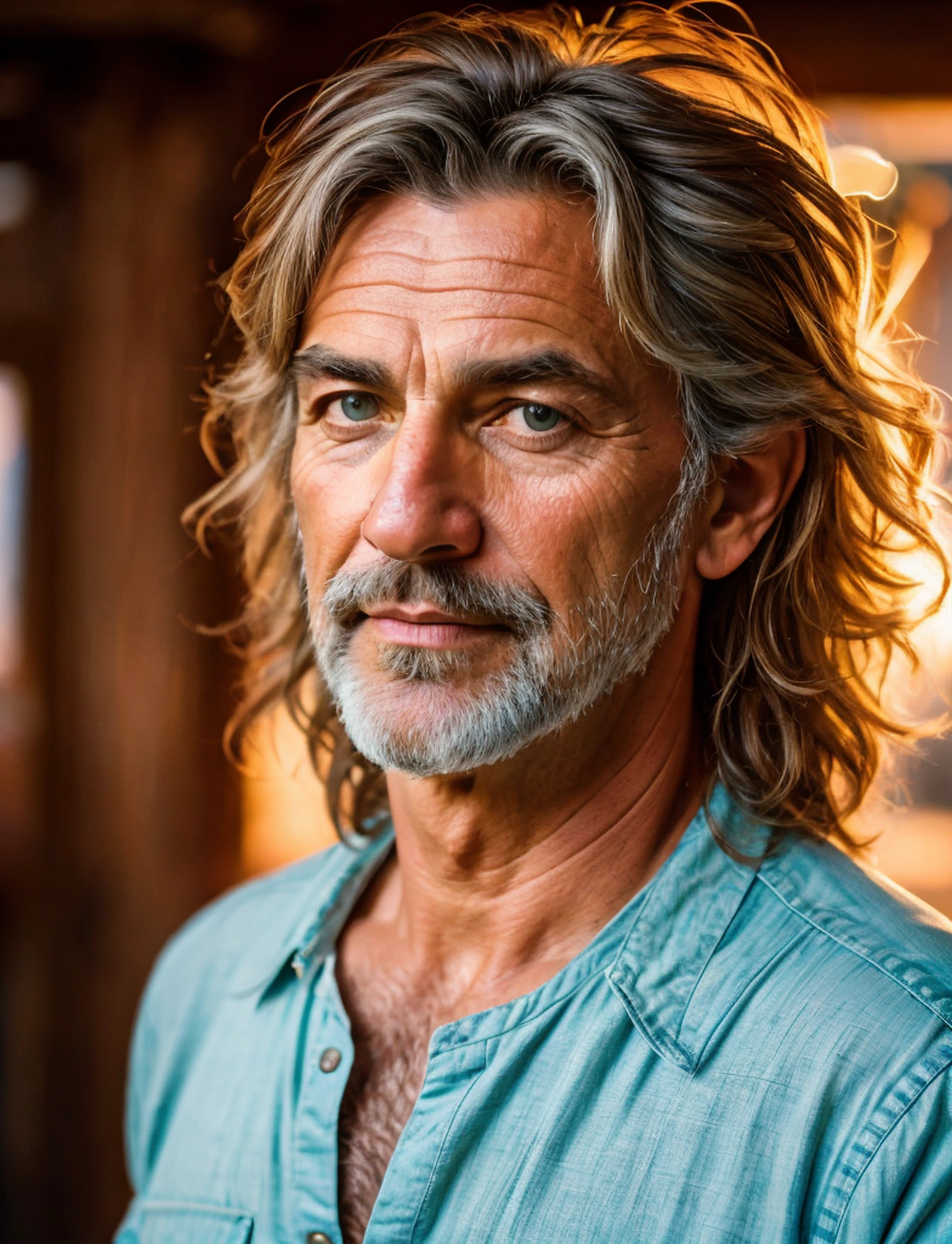 Foto RAW, 8k UHD, pele altamente detalhada, ((Hippie brasileiro bonito, 40 I, Bavarian man)), olhos castanhos, rule of thirds, contato visual, master part, fotografia, Ultra realismo, Realistic, ao ar livre, Hora de Ouro, retrato, sorridente, cabelos curtos e pretos, estilo roqueiro, DOF, porto, heaven, nuvem, soft lighting, ( pele altamente detalhada:0.7),(filmic grain:1.3), 8k UHD, DSLR, soft lighting, alta qualidade, HDRI, Fujifilm XT3 Nikon D850