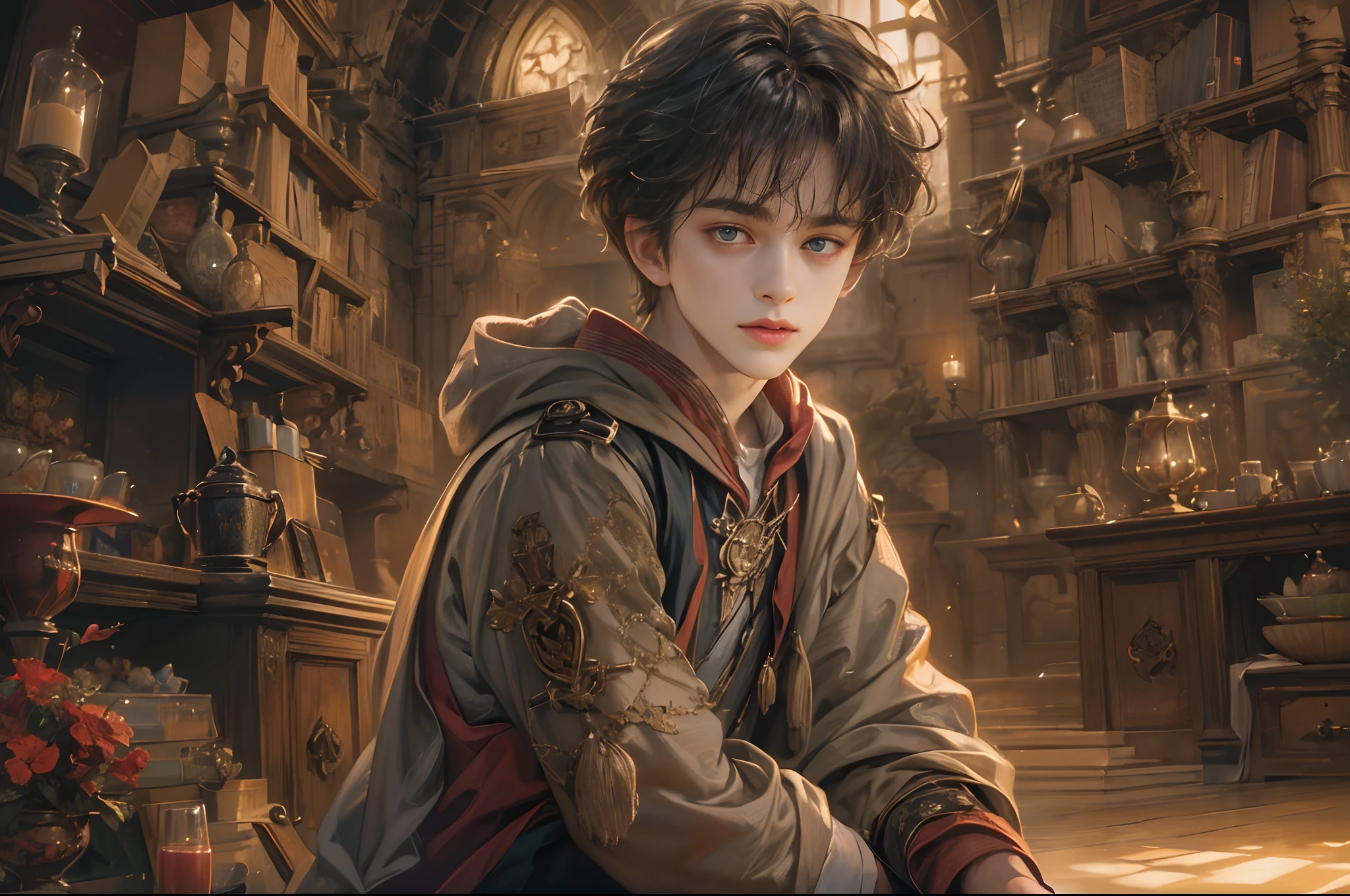(absurdres, highres, ultra detailed, HDR), masterpiece, best quality, harry potter movie character, handsome hero, big anime eyes, young boy, detailed scenery, detailed character, art kenouji