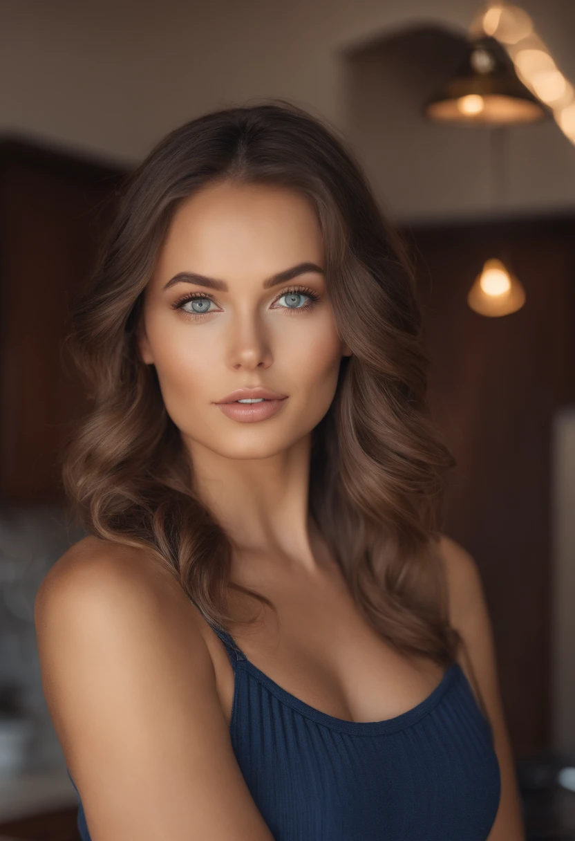 arafed woman with a necklace, large breasts, sitting on a kitchen counter, modern kitchen, white countertop, sexy girl with green eyes, portrait sophie mudd, brown hair and large eyes, selfie of a young woman, bedroom eyes, violet myers, without makeup, natural makeup, looking directly at the camera, face with artgram, subtle makeup, stunning full body shot, piercing green eyes, beautiful angle, attractive pose, cute girl, sexy pose, full body picture, full body, full body shoot, brunette goddess, high detail, satisfied pose, wearing only a blue bucket hat, average breasts, (beautiful detailed face, beautiful detailed eyes), (naked), glow, sweat, (sunbeam, sunlight), (nsfw:1.5)