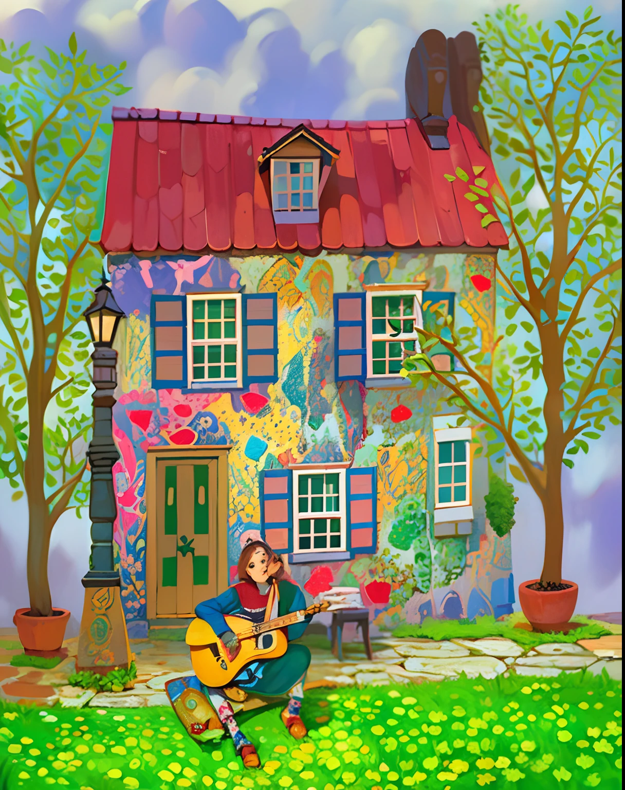 Painting of a woman playing guitar in front of a house, ilustrado em estilo caprichoso, renderizado em pintura guache, por Eleanor Best, Cottagecore!!, Fanart, arte caprichosa, Cottagecore hippie, Jane Newland, house illustration, mixed media illustration, Casa florida, illustration!, Casa na Madeira, Naive art, inspirado em Tove Jansson