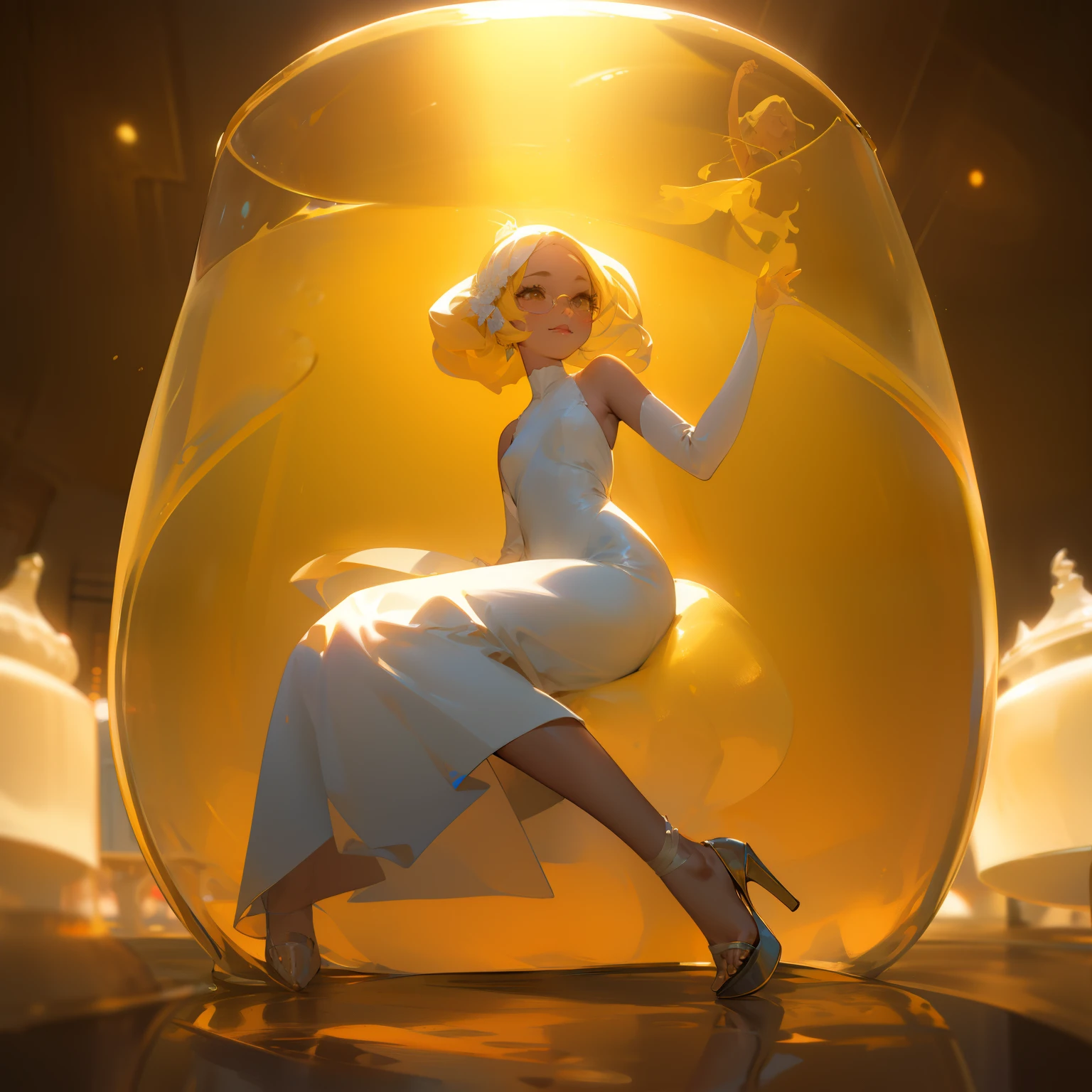 there is a woman sitting inside a giant glass of tea, cute elegant pose, wearing white dress, wearing a cute white dress, milky white skin, young and cute girl, inside the giant glass is the woman, the glass is also filled with light green tea, beautiful girl model, elegant girl, wearing a white dress, cute girl, beautiful model girl, asian girl, lovely woman, she has a soft smile, the sun is setting with yellow tones