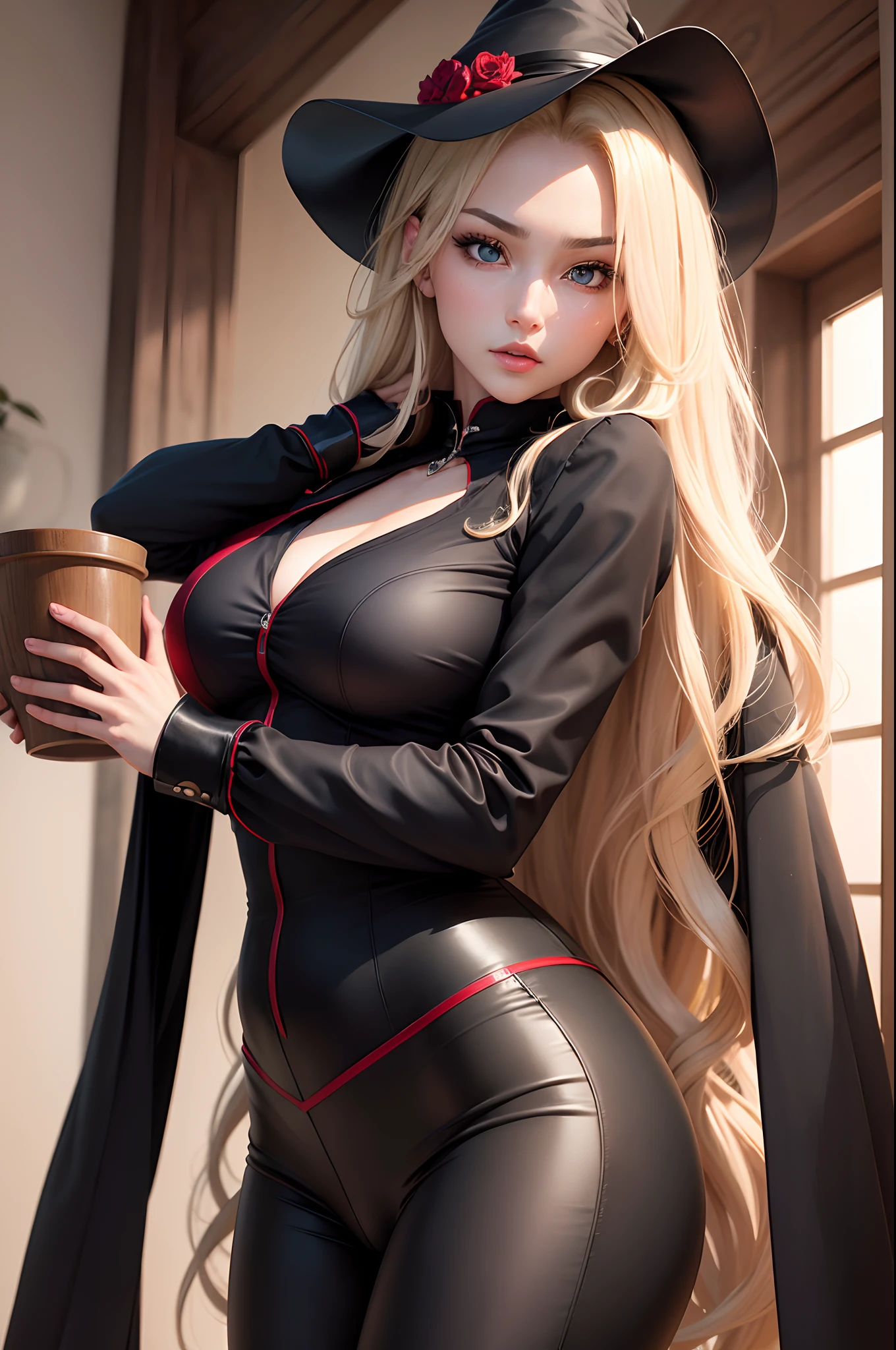 ((high-level image quality、​masterpiece：1.4))、1 person、The upper part of the body、Gymnastics、long blonde hair、gradation hair、Super beauty、beautiful countenance、red-lips,beautidful eyes、Beauty Witch、modeled、perfect face shape、Sexy exterior in black and red、Glossy black and red trousers and leggers,with a large kissel,Realistic proportions、Dynamic poses、High Details、Convoluted、intricate-detail、Realistic eyes、Realistic eye proportions、foco nítido、32k、Realistic lighting、Extreme details、Realistic pupils、Eyes with realistic proportions、Pupils of realistic proportions、Realistic shadows、Evafee