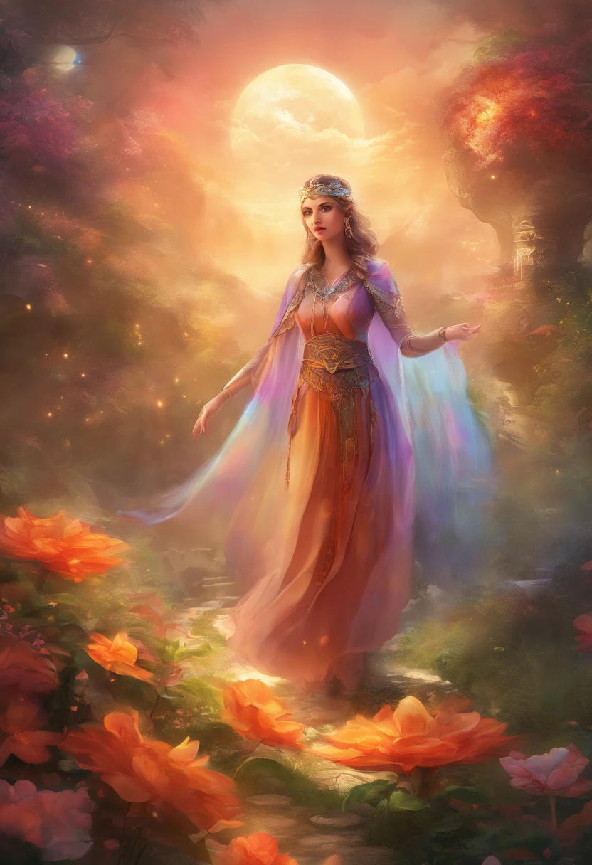 Stars shine,Colorful,Fortuneteller's clothes,Adult ladies,Gentle expression,glow effect,dingdall effect,depth of fields,Highlight,Real Light,Ray traching,OC rendering,Hyper-realistic,best qualtiy,in 8K,Works of masters,super-fine,Correct anatomy,sharp focus on eyes,The background is blurry,Facial features are carefully drawn