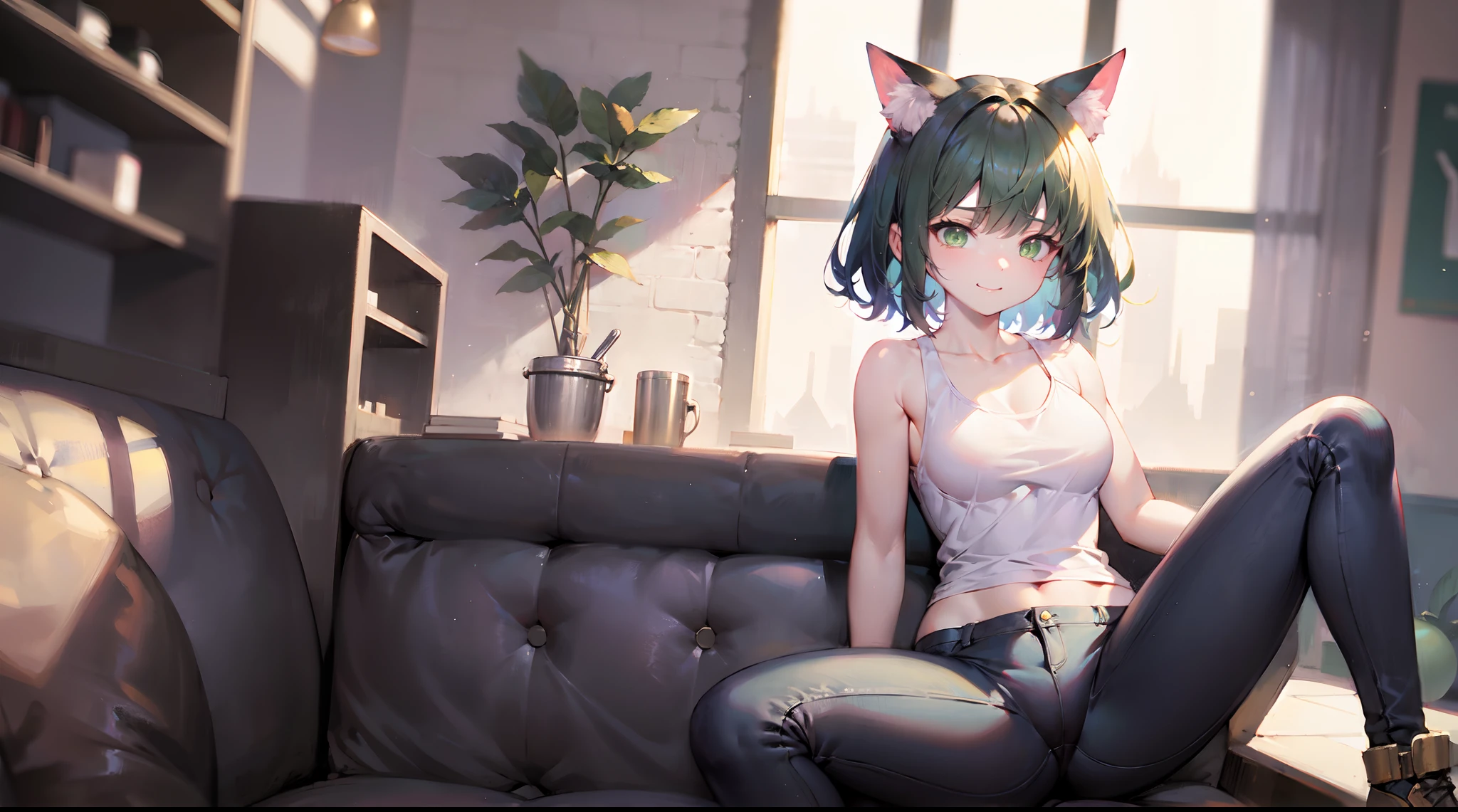 cat girl, green short hair, green eyes, smug, great quality, , absurdres, muscle girl, tight black jeans, Crotch, midnight cafe, 1girl