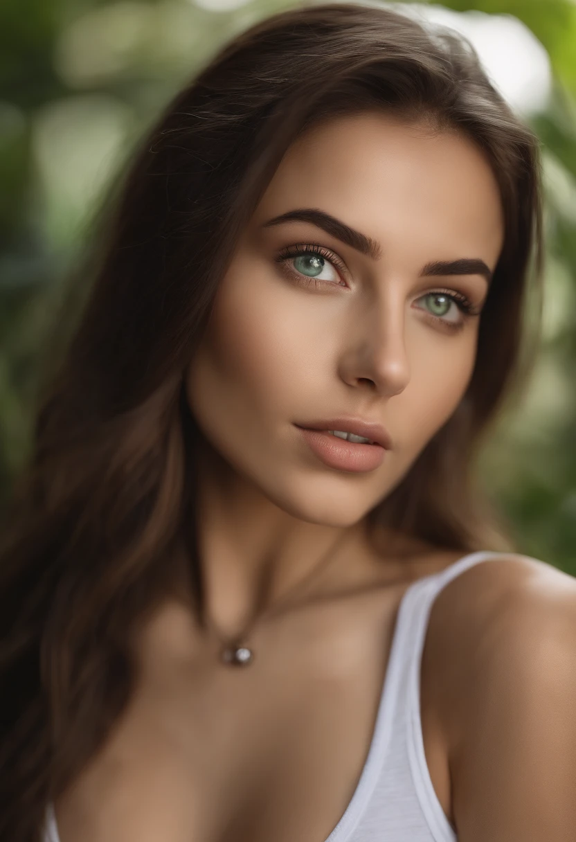 Profile of arafed woman with a white tank top and a necklace, sexy girl with green eyes, portrait sophie mudd, hispanic, brown hair and large eyes, selfie of a young woman, bedroom eyes, violet myers, without makeup, natural makeup, looking directly at the camera, face with artgram, subtle makeup, stunning full body shot, piercing green eyes, beautiful angle, attractive pose, cute girl, sexy pose, full body picture, full body, full body shoot, brunette goddess, high detail, satisfied pose, leather pants