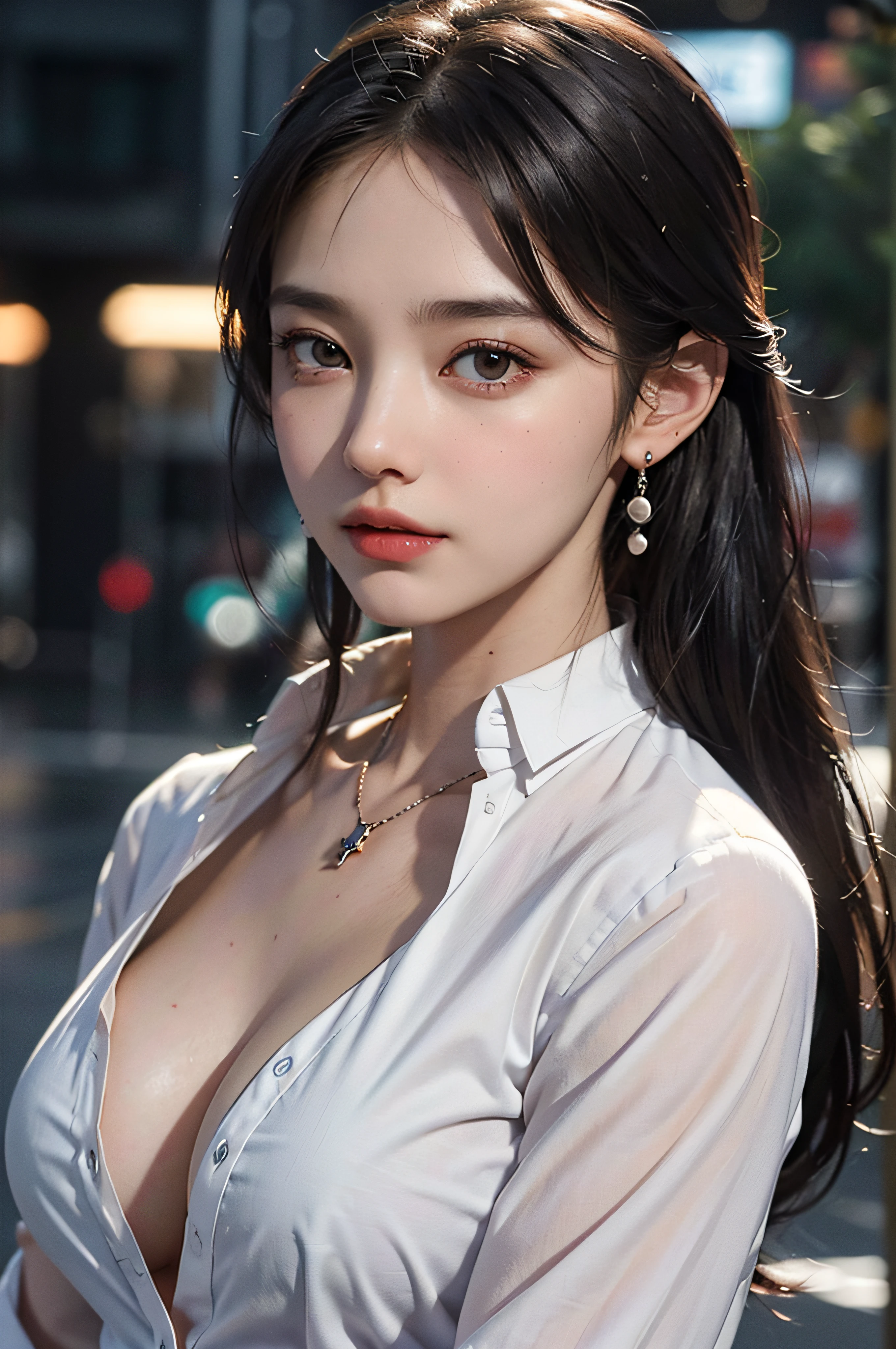 (button up to shirt length: 1.2), (White shirt wet by rain), (unbuttoned shirt: 1.1), big breasts, deep cleavage, best quality, masterpiece, illustration, very delicate and beautiful, very detailed, CG, Unity, 8K wallpapers, amazing, fine detail, highly detailed CG Unity 8K wallpapers, huge file size, very detailed, high resolution, handsome detailed woman, very detailed eyes and face, Stunning detailed eyes, light on the face, (Best illustration: 1.1), (best shadow: 1.1), ultra high resolution, (photorealistic: 1.1), (photorealistic 1.2:1.1), realistic face proportions, slim, smile, (makeup: 0.4), (fluffy black eyes: 1.21), black eyes, looking at the viewer, dark brown hair, earrings, necklaces, hairpins, cowboy shots, (irregular irregular skin imperfections, veins, skin wrinkles pores: 1.2), (dark night background: 1.2), (bokeh: 1.4),