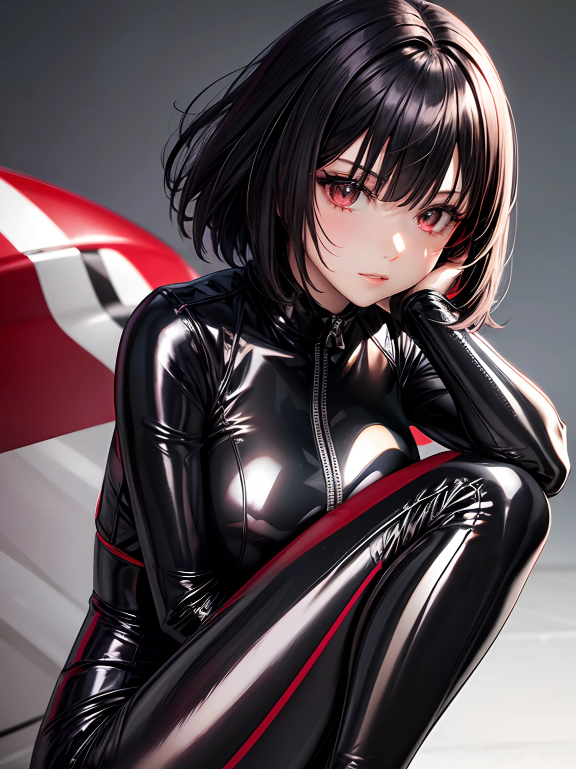 solo girl,Gunmetal gray wear, latex shiny,Red interpolation color,Black hair bob,race queen