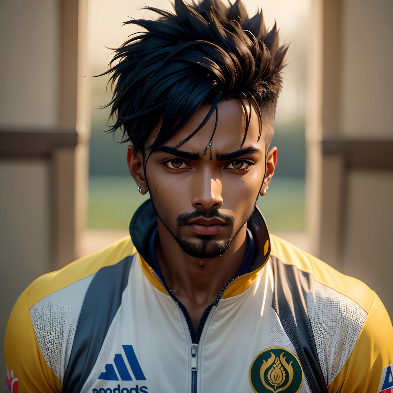 Create a naturalistic image of Hardik Pandya in his cricket gear, ready to bat with a focus on his intense game face