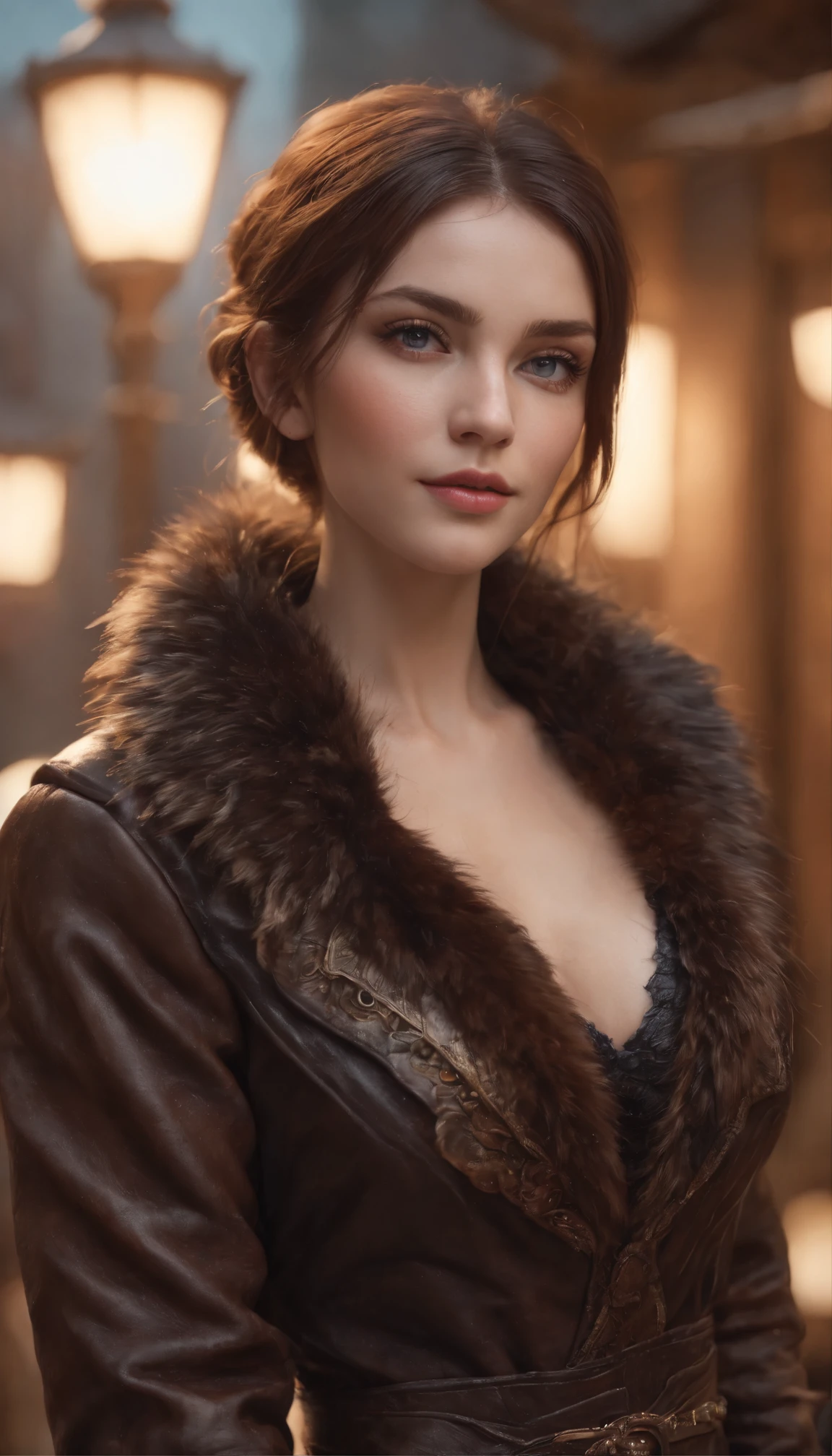 (Professional 3D Rendering:1.3) ng (realisitic:1.3) Photos of the most beautiful works in the world,Beautiful women , ((Sexy Portrait Woman, Nice chest set, cleavage, big size ass)), beautifull face, Blue Eyes, enchanting expression, Full-body 8K Unity Render, action shot, Skin pores, very dark lighting, Dense shading, detailed, Detailed face, (lively, photograph realistic, realisitic, Dramatic, Dark, Sharp focus, 8K), (Old leather garments damaged by weathering:1.4), ((((Wearing fur)))), (intrikate:1.4), Decadent, (highly detaild:1.4), digital painting, rendering by octane, Art Station, concept-art, silky, Sharp focus, Illustration, Art germs, (Loisch:0.23), Wlop Ilya Kuvshinov, Greg Rutkowski(Greg Rutkowski)and Alphonse Mucha Gracias(Thank you so much Alphonse), (Global Illumination, Studio Light, Bolshetic Light), Heavy rain, floating particles, villainess, Fantasy, elf, full bodyesbian, ((Dark and ancient city background:1.3)),CG Society,Art Station