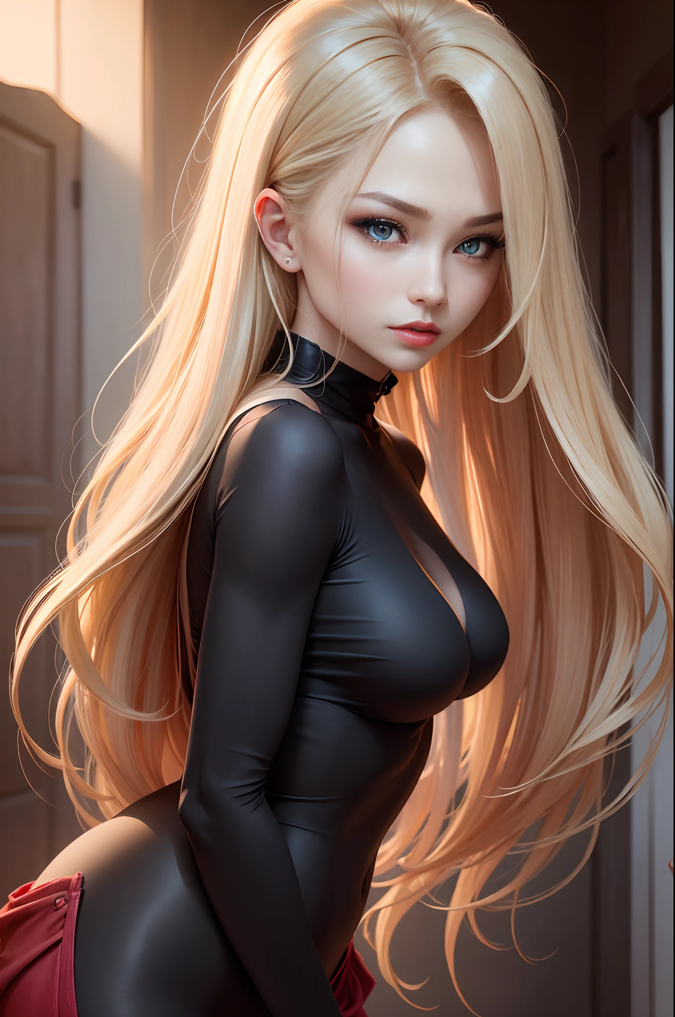 ((high-level image quality、masterpiece:1.4))、1 person、The upper part of the body、Gymnastics、long blonde hair、gradation hair、Super beauty、beautiful countenance、red-lips,beautidful eyes、modeled、perfect face shape、Sexy exterior in black and red、Glossy black and red trousers and leggers,with a large kissel,Realistic proportions、Dynamic poses、High Details、Convoluted、intricate-detail、Realistic eyes、Realistic eye proportions、foco nítido、32k、Realistic lighting、Extreme details、Realistic pupils、Eyes with realistic proportions、Pupils of realistic proportions、Realistic shadows、Evafee