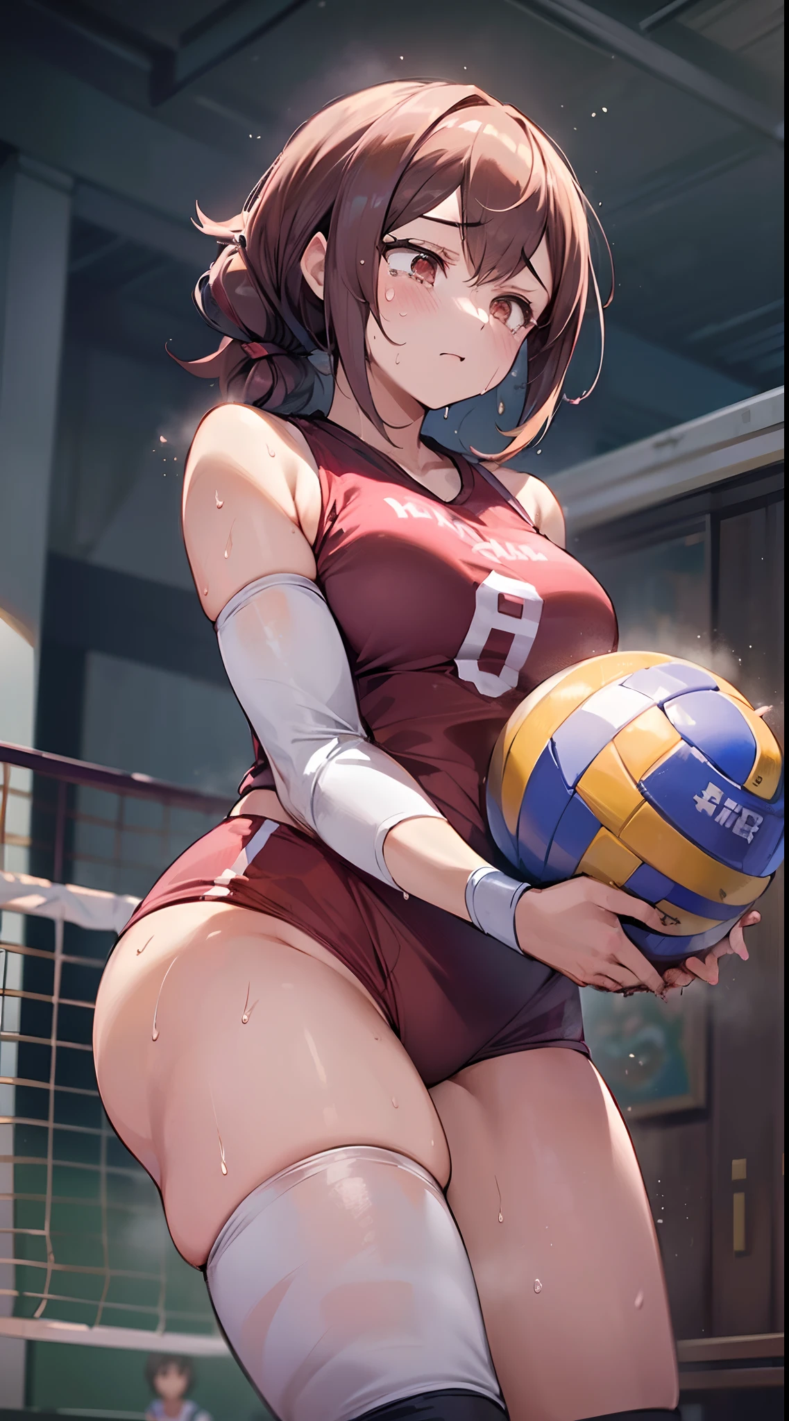 (((masutepiece))), (((Best Quality))), (((ultra-detailliert))), (((hight resolution))), ((superfine illustration)), ((Ultimate cutie)), Detailed beautiful face, Shiny hair, (gals), medium breasts, ((pot-bellied)), (((2girls))), (((2 Female volleyball players))), (((Yuri))), sad, (Tears), BREAK, (((Holds dirty spherical 6-inch volleyballs))), BREAK, (((Buruma))), (Volleyball uniform), Sleeveless Volleyball Uniforms, (((Buruma))), (Kneepads), (elbow pad), (Bare hands), ((Sweat)), ((Covered in sweat)), (breathless), on valleyball court, in gymnasium, Lighting, From below, Looking down