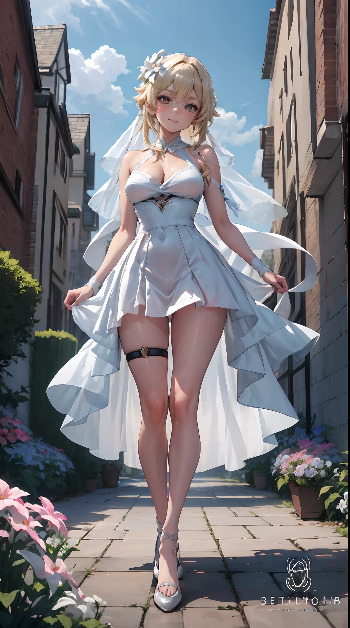 Lumine | genshin impact, master-piece, bestquality, 1girls,25 years old, proportional body, proportional., Wedding Dresses, White Wedding Dress, Long skirt, wedding, mediuml breasts, ,bara, Standing in the middle of a flower garden, outdoor, wedding, The sky is beautiful, Both hands hold a bouquet of flowers................., View viewers from the front., Thigh strap, Head tilt, bored, 10, 10, HD, slight smile,