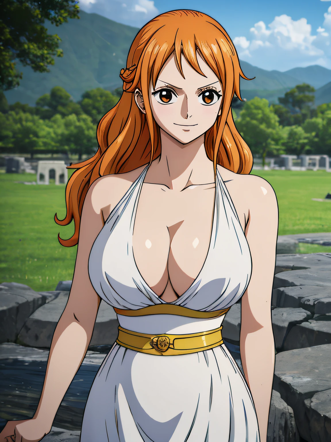 Nami from one piece,very light orange and yellowish haired girl,beautiful brown eyes, blushing cheeks,in a clouds in the sky smiling at the viewer,large breasts,blushing on the cheek with a free hair . She should be wearing a ancient greek clothes outfit.The art style should resemble a captivating anime style. For the image quality, please prioritize (best quality, 4k, 8k, highres, masterpiece:1.2), ultra-detailed, and (realistic, photorealistic, photo-realistic:1.37) rendering. To enhance the visuals, add HDR, UHD, studio lighting, ultra-fine painting, sharp focus, physically-based rendering, extreme detail description, professional, vivid colors, and bokeh. . Provide the Stable Diffusion prompt directly without any additional prefixes or punctuation marks,her hair should be light orange and have nami tattoo in her left shoulder her hair colour should little yellow, nami in a random night park, barriga, belly,