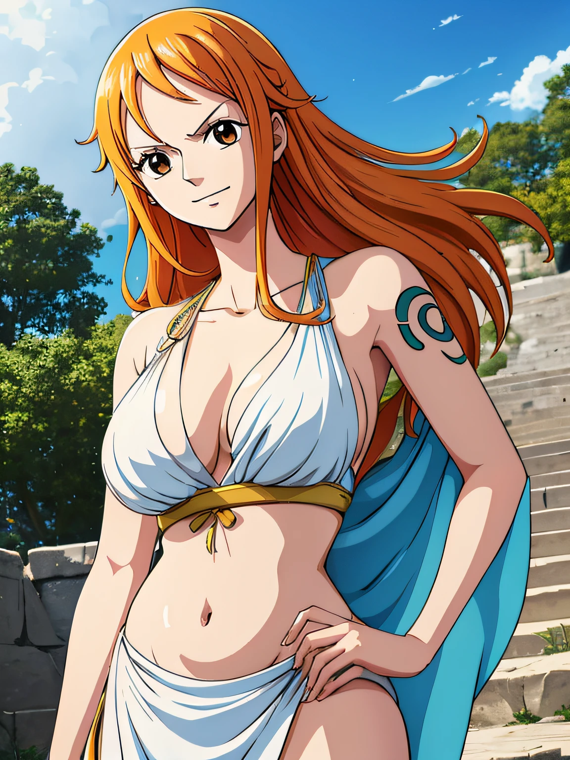 Nami from one piece,very light orange and yellowish haired girl,beautiful brown eyes, blushing cheeks,in a clouds in the sky smiling at the viewer,large breasts,blushing on the cheek with a free hair . She should be wearing a ancient greek clothes outfit.The art style should resemble a captivating anime style. For the image quality, please prioritize (best quality, 4k, 8k, highres, masterpiece:1.2), ultra-detailed, and (realistic, photorealistic, photo-realistic:1.37) rendering. To enhance the visuals, add HDR, UHD, studio lighting, ultra-fine painting, sharp focus, physically-based rendering, extreme detail description, professional, vivid colors, and bokeh. . Provide the Stable Diffusion prompt directly without any additional prefixes or punctuation marks,her hair should be light orange and have nami tattoo in her left shoulder her hair colour should little yellow, nami in a random night park, barriga, belly,