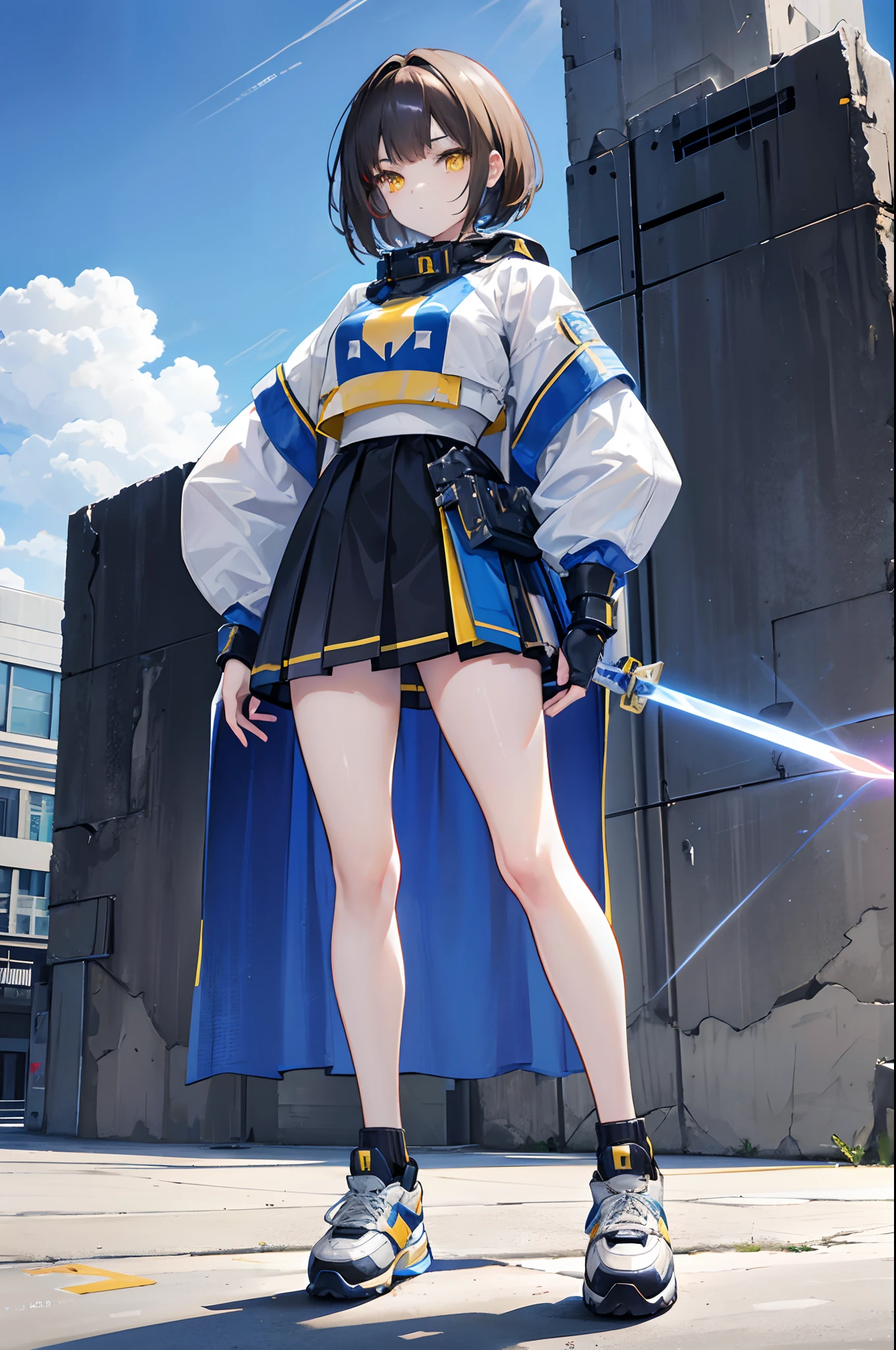 brunette color hair,short detailed hair,By bangs,Yellow eyes,adolable,s girl, adolable,High-tech armored clothing with skirts,Wear sneakers on your feet,Laser sword in hand,Full body photo of the front,All body,Fingers and arms are not exposed,Background city,with blue sky and white clouds