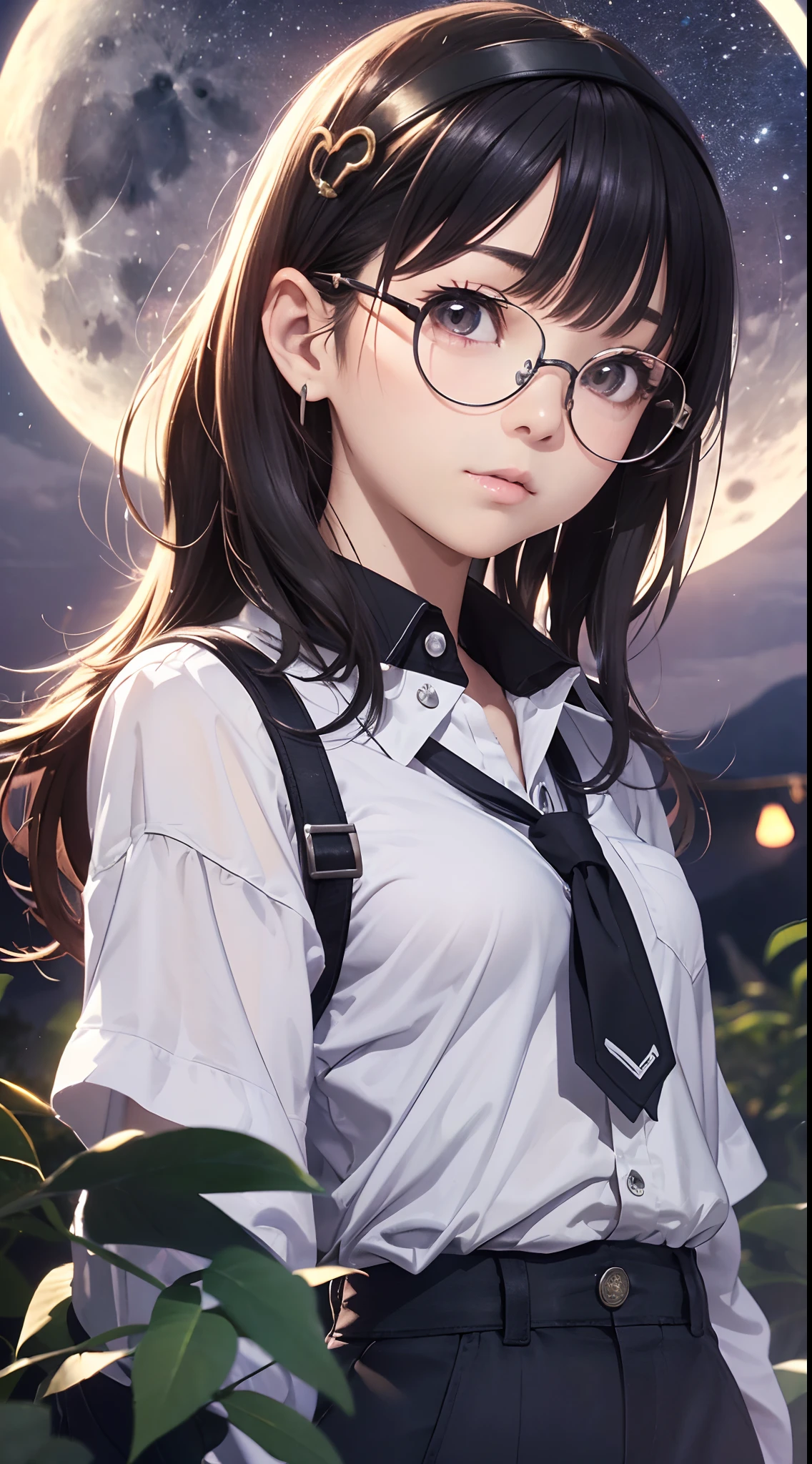 , (masutepiece, Best Quality, Capture super cute moments, depth of fields, ultra-detailliert, Ultra High Resolution, C4D, Octadale, 3D Modeling, 8K, 16 K, one girls,a junior high school student, small tits,A dark-haired,short-hair,straight haired,Light brown eyes, horseshoe-shaped hairband,wearing black glasses,Cute face),Full Moon Night、Being on a mountain road at night、Moonlight Girl、white shirt、JINS